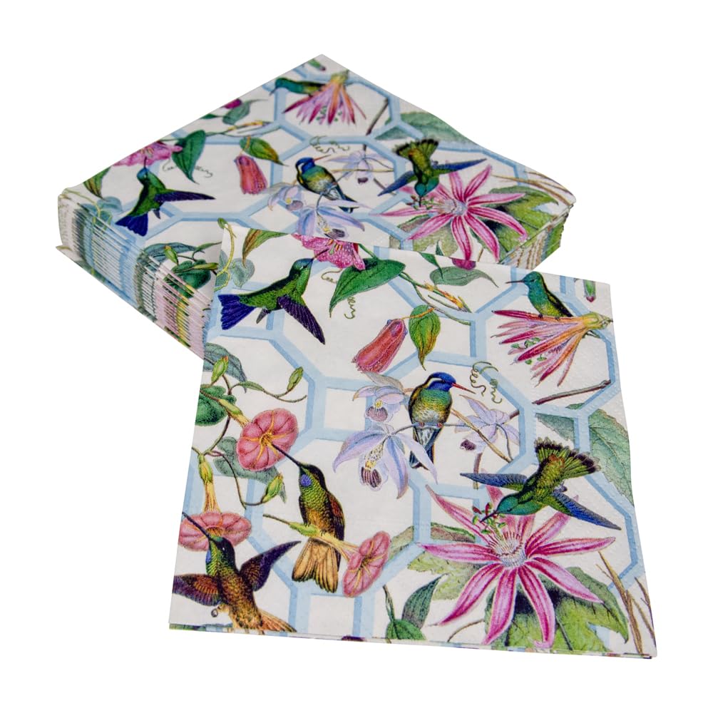 Caspari Hummingbird Trellis Paper Cocktail Napkins - 40 Count, Floral Bird Design, Disposable Party Napkins for Weddings, Bridal Showers & Garden Events