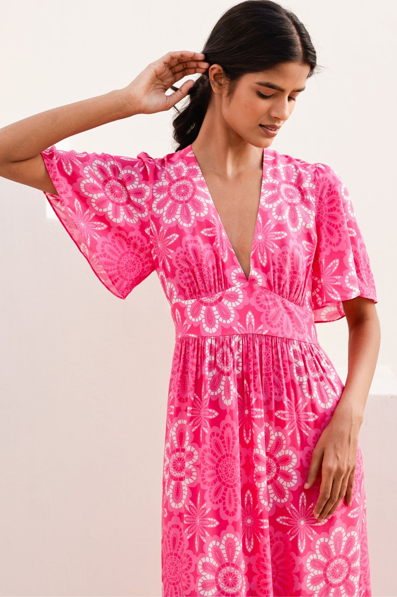 Sylvie EcoVero™ Floral Lace Dress in Pink & White | Sustainable Viscose Maxi Dress for Women | Perfect for Weddings, Garden Parties & Summer Vacations