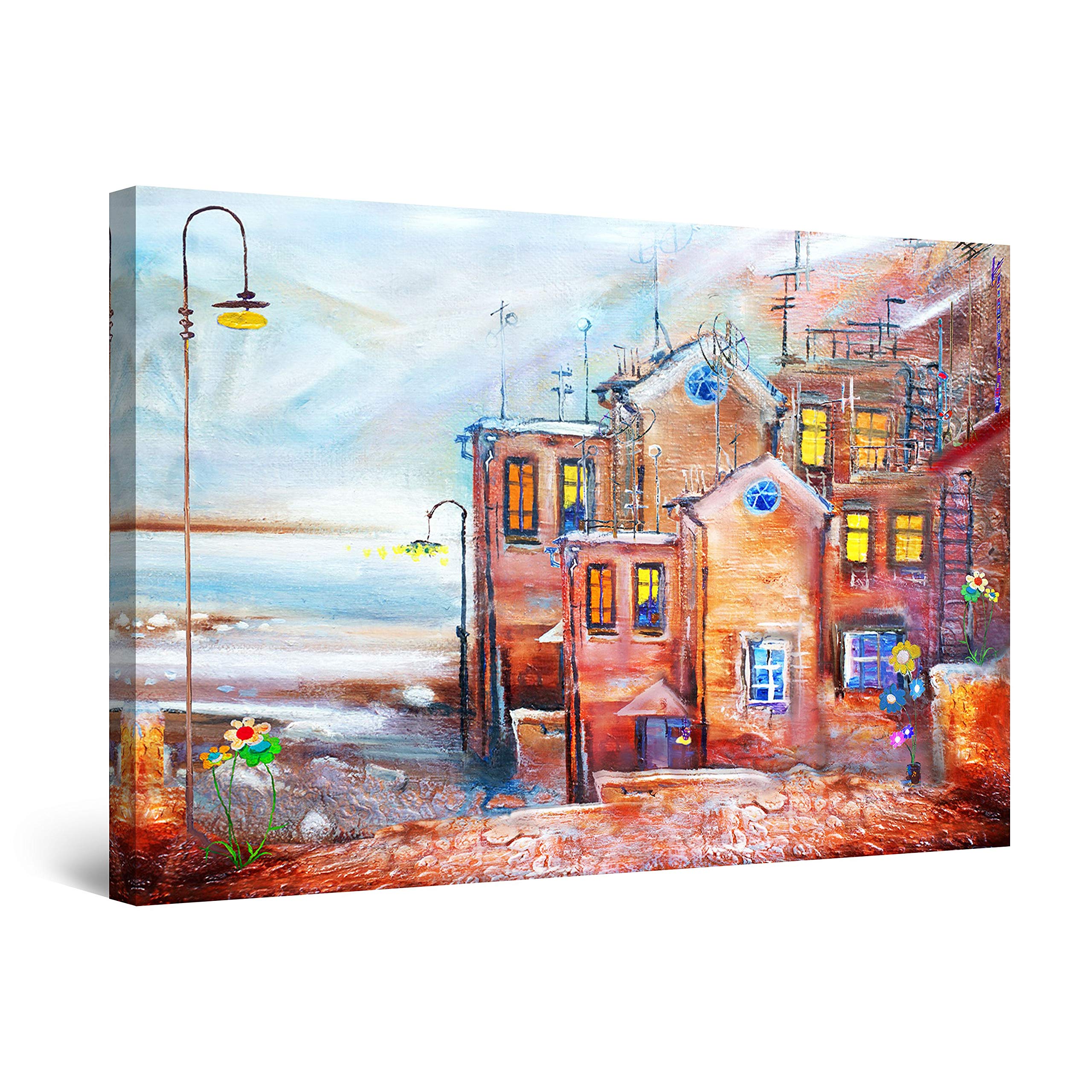 Abstract Greek Fisherman City Island Painting - Framed Canvas Wall Art 32x48 Inches - Coastal Decor for Living Room, Bedroom & Office