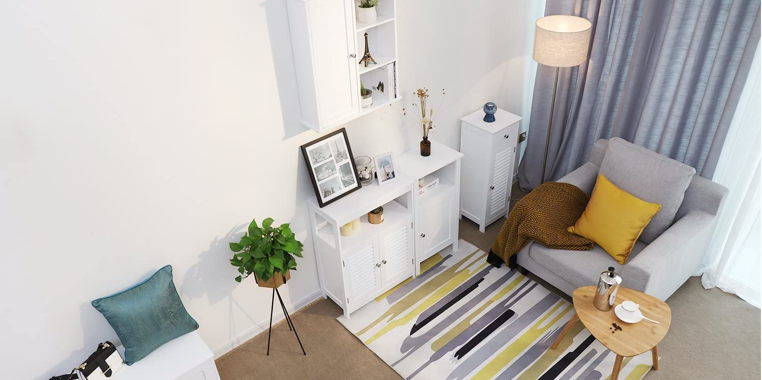 White Wooden Bathroom Floor Cabinet with Drawer & Shutter Door - Storage Organizer Set for Towels, Toiletries & Bath Essentials | Space-Saving Bathroom Furniture for Small Spaces