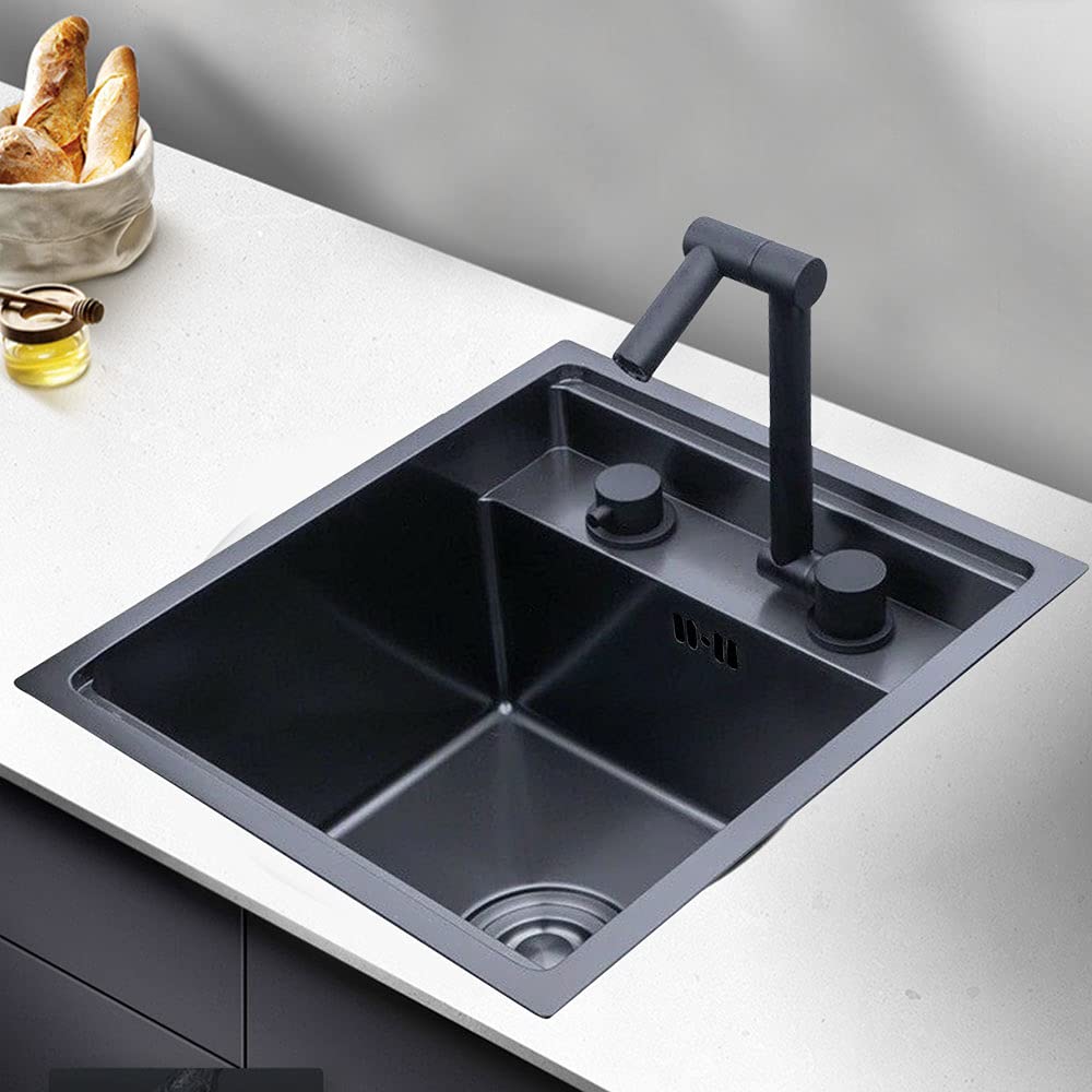 TFCFL 15.28 x 13.7 Inch Stainless Steel Black Drop-in Kitchen Sink with Faucet, Single Bowl with Cover, Perfect for Modern Small Kitchens and Compact Spaces