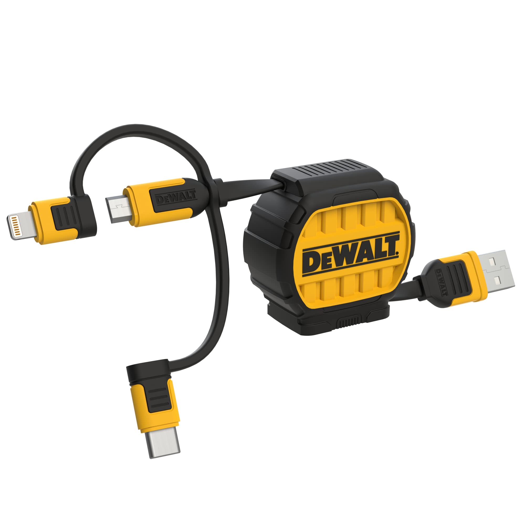 DEWALT 3-in-1 Retractable Charging Cable - 3ft Fast Charger with Lightning/Type-C/Micro USB Ports for iPhone 15/14/13, Samsung Galaxy S23/S22, PS5, iPad, Tablets & More - Perfect for Home, Office & Travel Charging