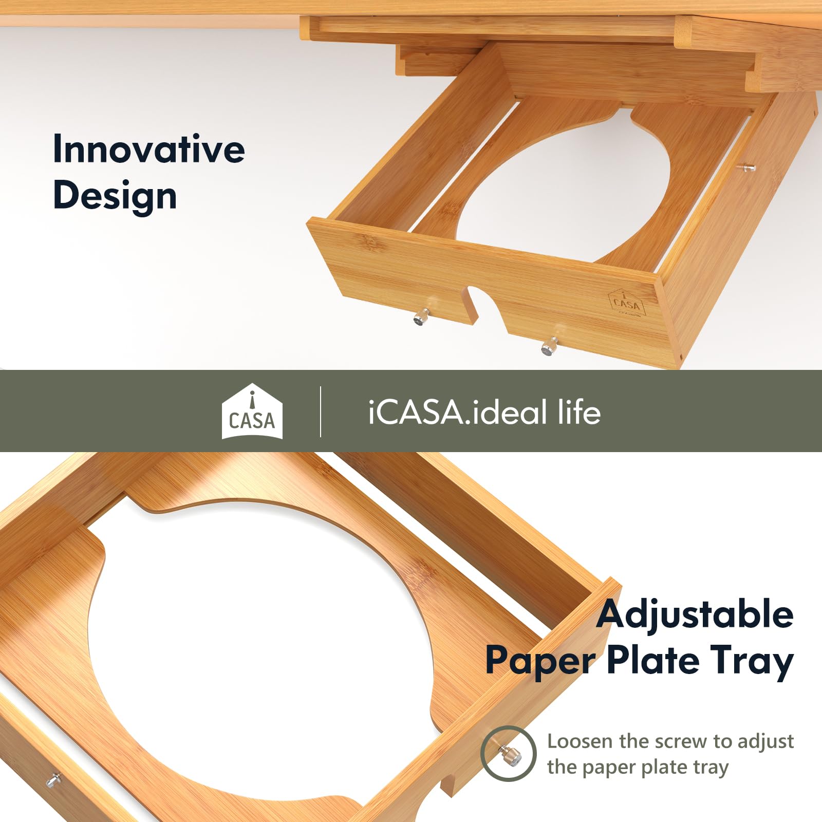 8-11 Inch Adjustable Paper Plate Dispenser | Upgraded Wooden Under Cabinet Plate Holder | Kitchen Organizer for Round Plates | Perfect for Parties, BBQs & Dining Room Storage