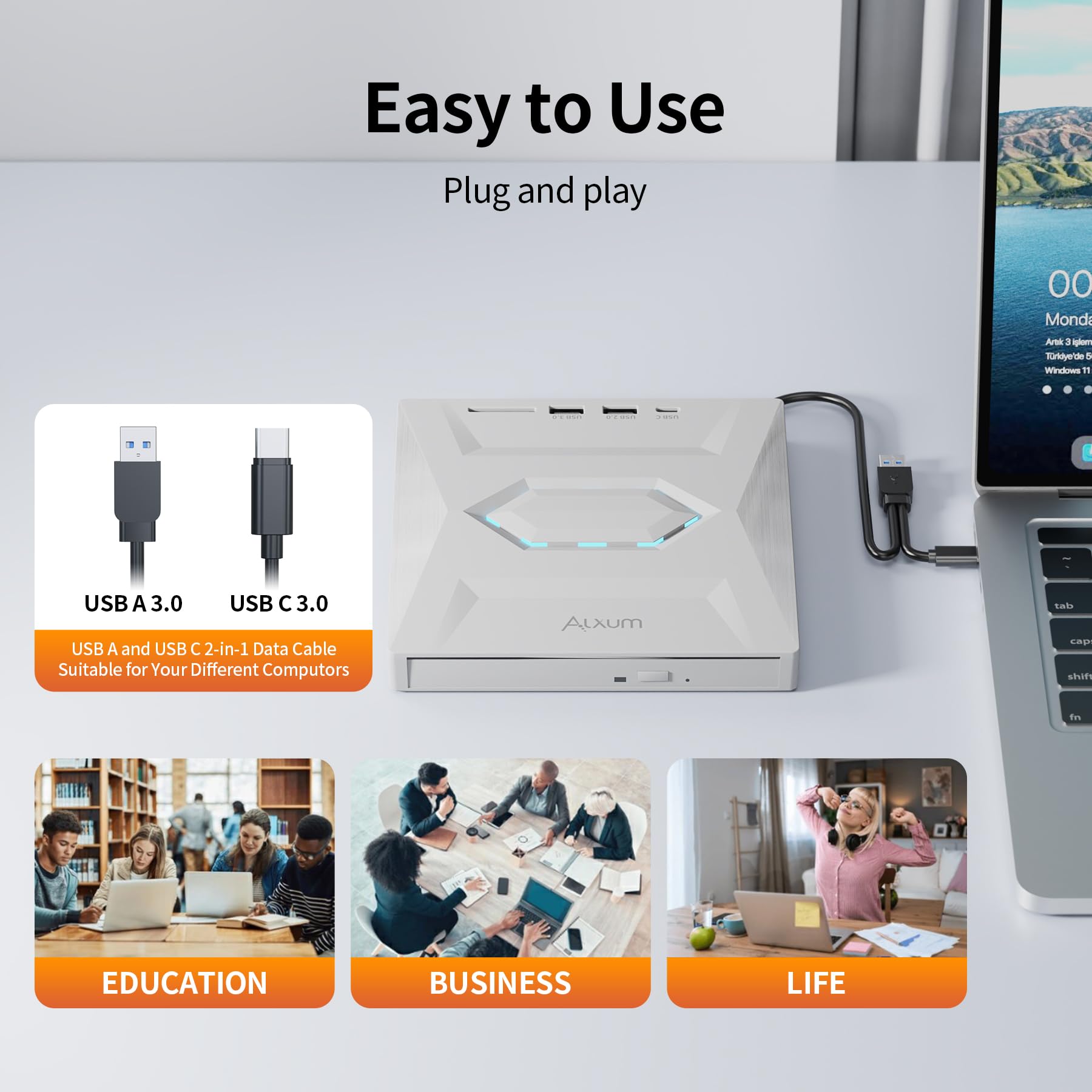 Alxum External USB DVD Drive - USB 3.0 & Type-C CD/DVD Burner with SD Card Slot & Extra USB Ports | 8X DVD & 24X CD Super Fast Speed | Compatible with Laptop, PC, Windows, Mac OS, Linux, Vista | Perfect for Watching Movies, Burning CDs, Data Backup & File Transfer