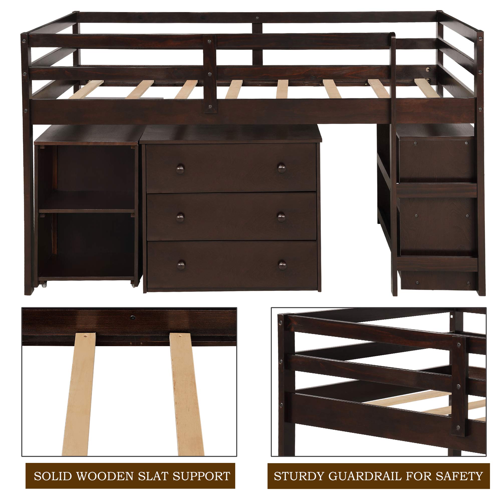 KLMM Kids Loft Bed with Rolling Desk, Storage Shelf, Guard Rail & Drawers - Twin Size Space-Saving Bed for Small Bedroom, Dorm or Apartment (Espresso Finish) - Perfect for Study, Sleep & Organization in Compact Spaces