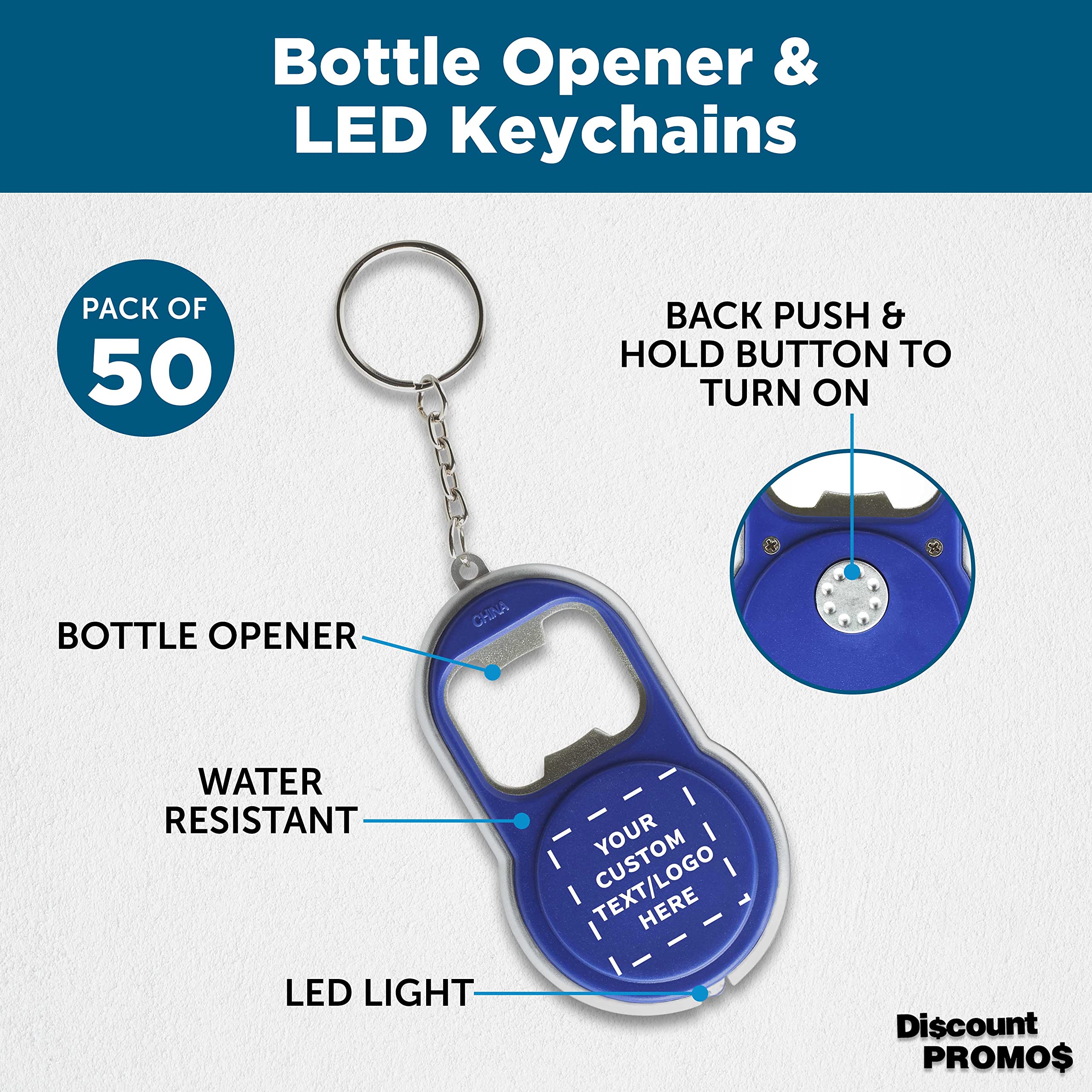Custom LED Bottle Opener Keychain Set of 50 - Personalized Bulk Promotional Items for Tradeshows, Corporate Events, Wedding Favors & Party Giveaways - Blue