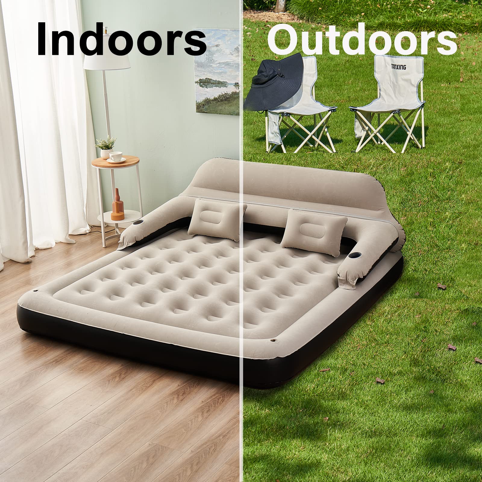 **RAPTAVIS King Size Air Mattress with Built-in Pump - Inflatable Blow Up Bed for Home, Camping & Guests - Includes Pillows & Backrest for Comfort**
