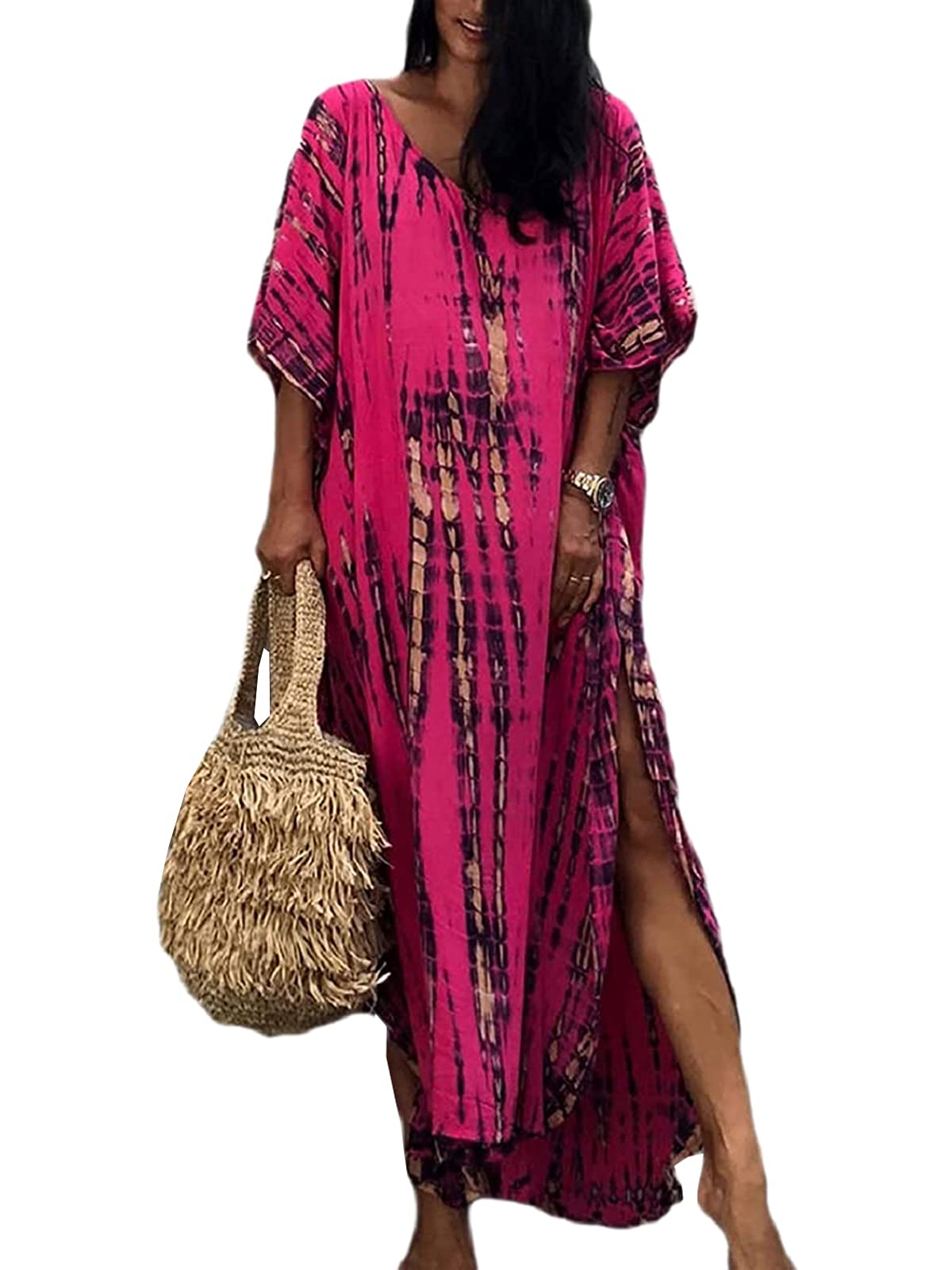 Chunoy Women's Casual Turkish Kaftan - Loose Lightweight Oversized Caftan Beach Cover Up Maxi Dress for Summer Vacation, Pool Party & Boho Fashion