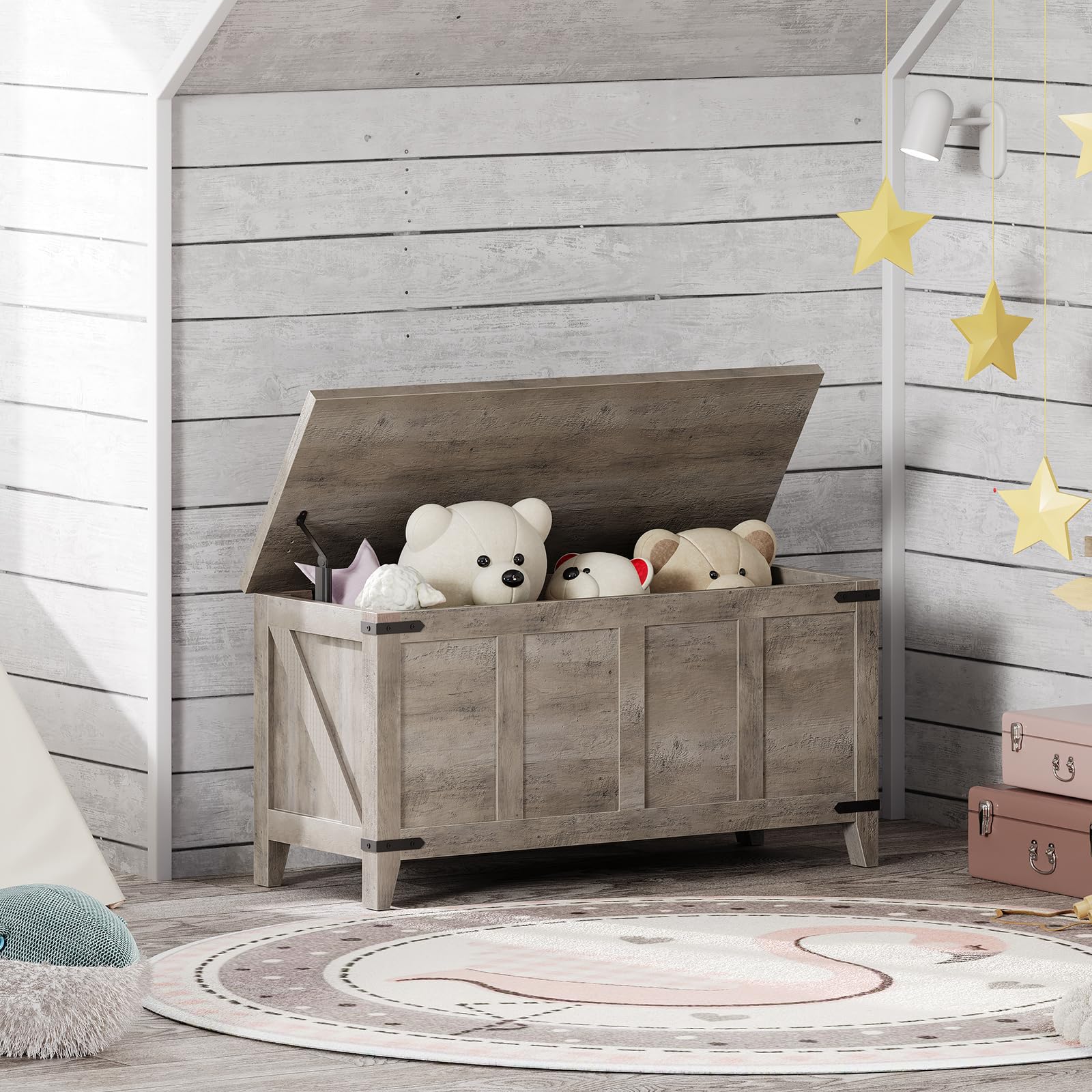 HOOBRO Farmhouse Toy Storage Bench with Geometric Front, 47.2