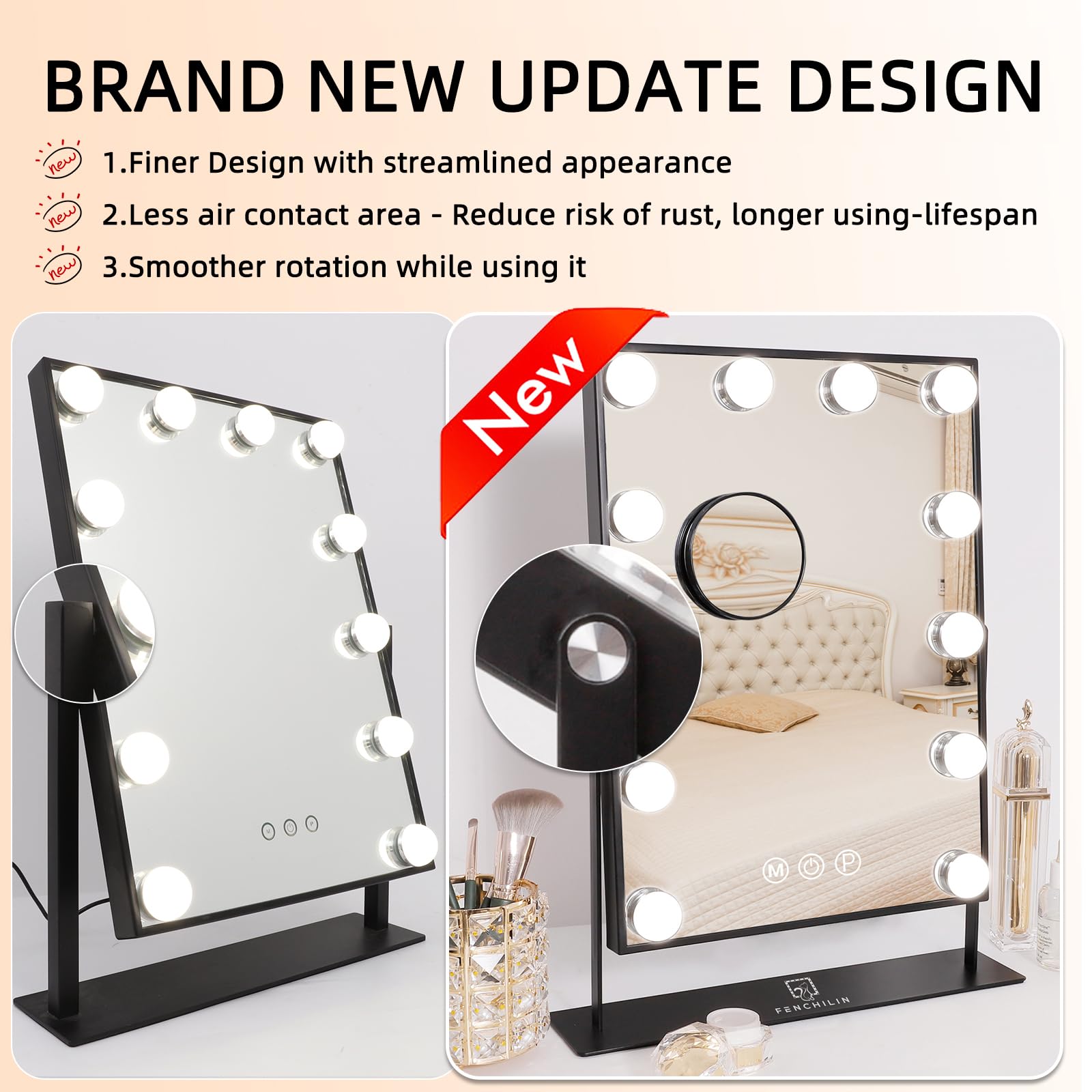 FENCHILIN Hollywood Vanity Mirror with LED Lights - Smart Touch Control, 3-Color Dimmable Lighting, 10X Magnification & 360° Rotation - Detachable Black Makeup Mirror for Professional Makeup Application & Home Beauty Station