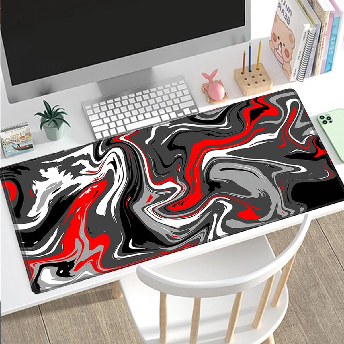 Large Gaming Mouse Pad with Non-Slip Base & Stitched Edges - 23.6x11.8 Inch Desk Mat for Keyboard and Mouse (Abstract Red) | Perfect for Office Work, PC Gaming & Home Computer Setup