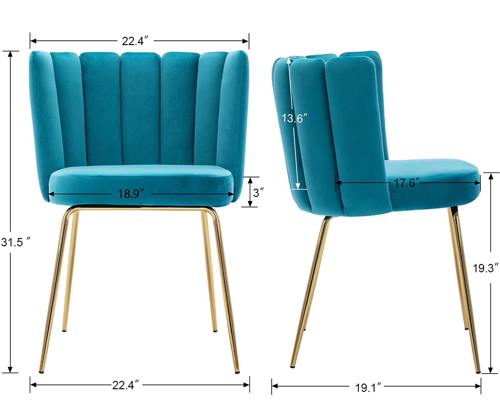 Velvet Dining Chairs Set of 2 - Modern Upholstered Accent Chairs with Gold Metal Legs for Kitchen, Living Room & Dining Room - Lake Blue Velvet Side Chairs for Home Decor, Dinner Parties & Cozy Seating