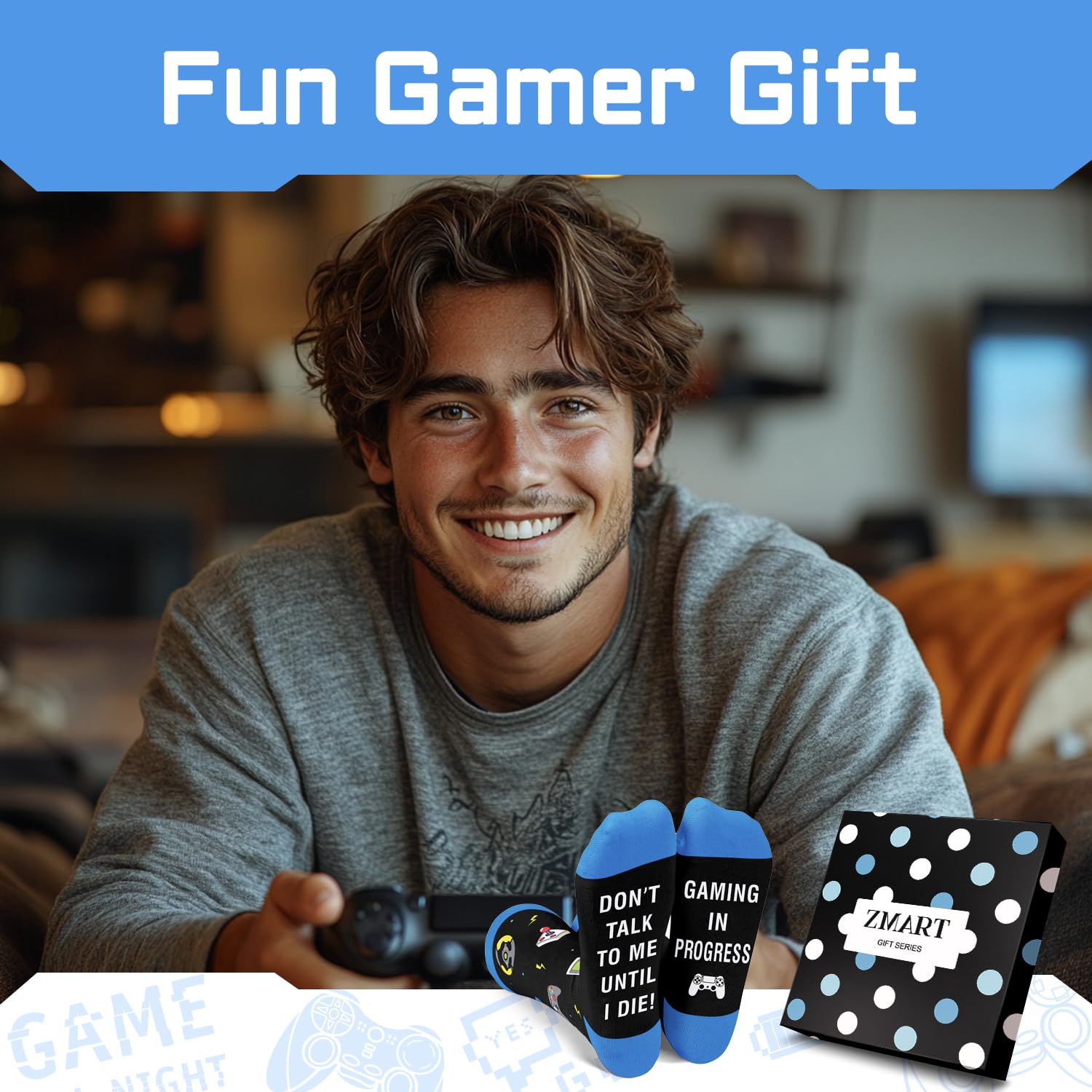 Funny Gaming Socks for Men - Cool Video Game Gifts for Gamers - Blue Gamer Socks - Perfect for Gaming Parties, Gamer Birthdays & Casual Wear