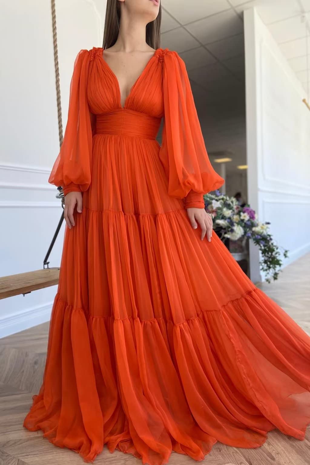 Elegant Long Sleeve Tulle Ball Gown Prom Dress - V-Neck Formal Evening Gown for Women in Dusty Rose (Size 4) | Perfect for Weddings, Galas & Special Occasions