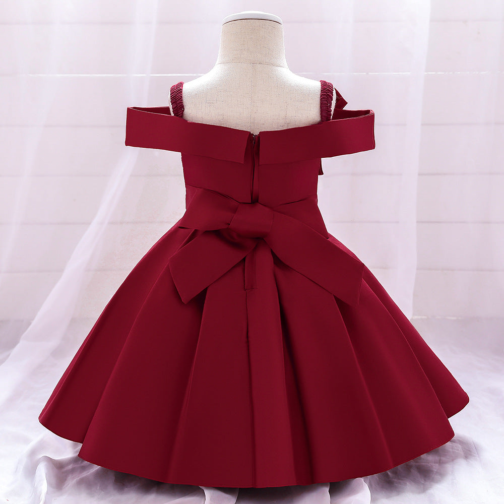 Princess Tea Length Satin Flower Girl Dress with Lace and Bows - Elegant Flower Girl Attire for Weddings, Birthday Parties, and Special Occasions