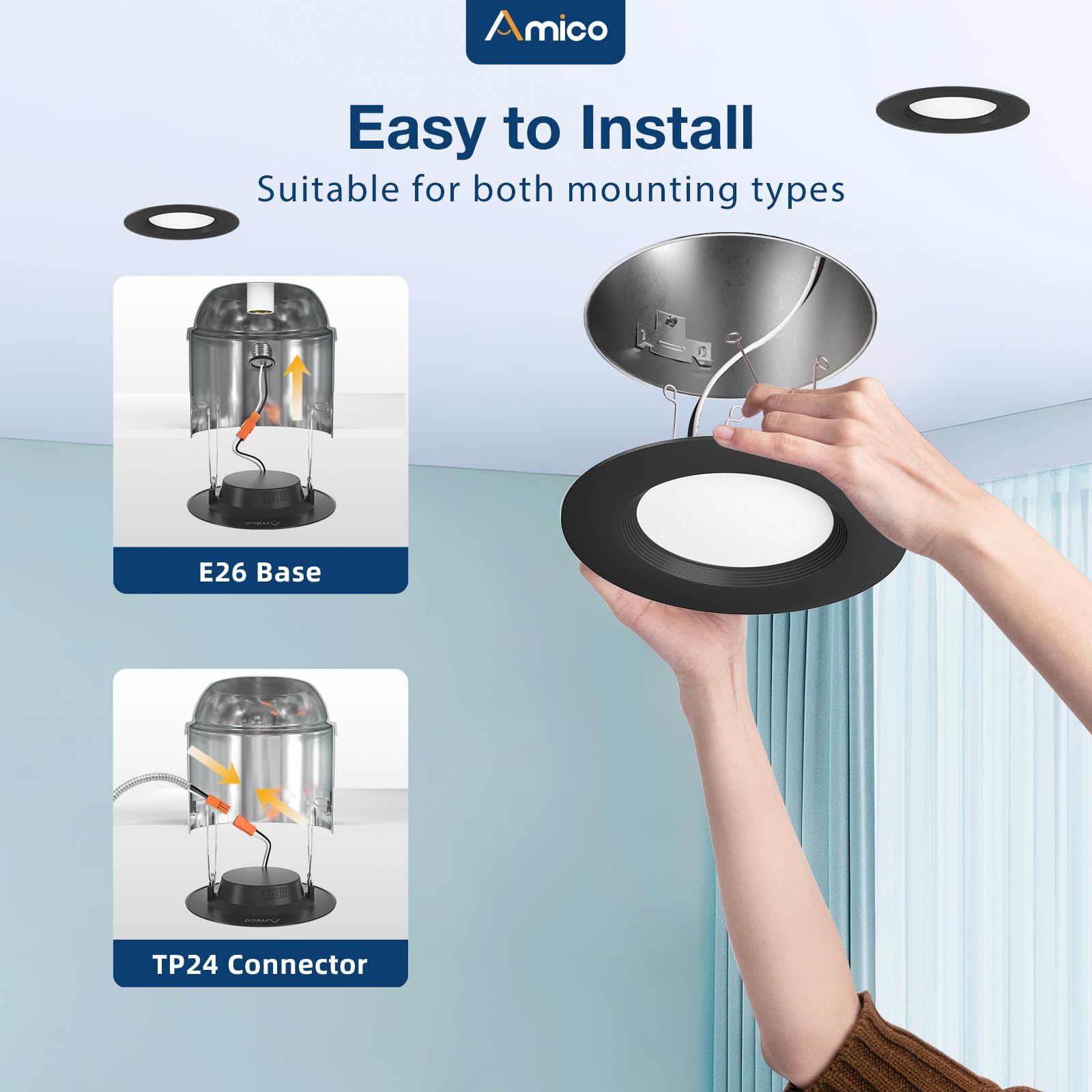Amico 24 Pack 5/6 Inch 5CCT Dimmable LED Recessed Lights - 12.5W (100W Equivalent), 950LM, Selectable Color Temperature (2700K-6000K), IC Rated with Baffle Trim - ETL & FCC Certified - Perfect for Living Rooms, Kitchens, and Commercial Spaces