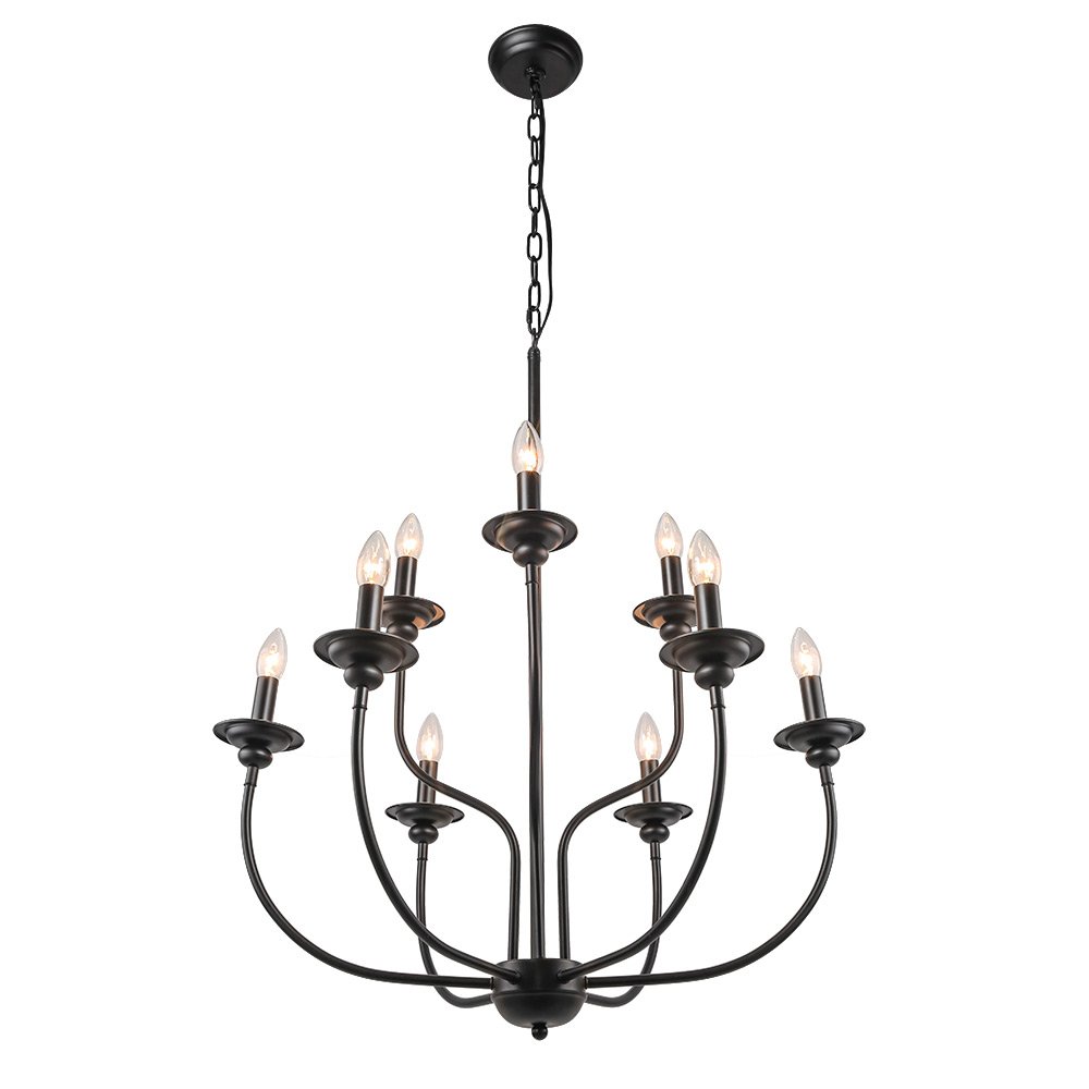 LALUZ Black Chandelier - 2-Tier 9-Candle French Country Farmhouse Lighting Fixture for Dining Room, Living Room, Bedroom & Entryway | Rustic Home Decor & Wedding Centerpiece