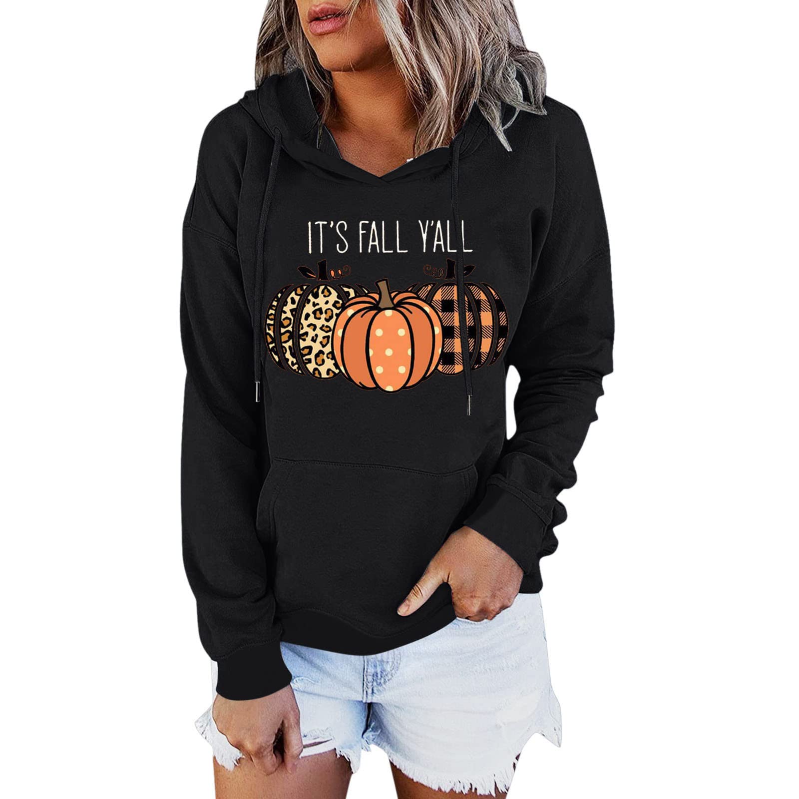 Women's Red Plaid Hooded Pullover Sweater with Fringed Hem - Cozy Halloween Pumpkin Print Hoodie for Fall & Winter Fashion