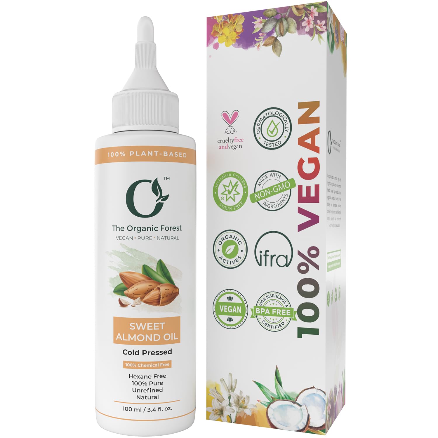 Organic Sweet Almond Oil for Skin, Face & Hair - 100% Pure, Cold Pressed, Unscented, Vegan & Natural Moisturizing Oil for Men & Women | Promotes Hair Growth & Hydration | Perfect for Massage, DIY Beauty & Aromatherapy | 100ml