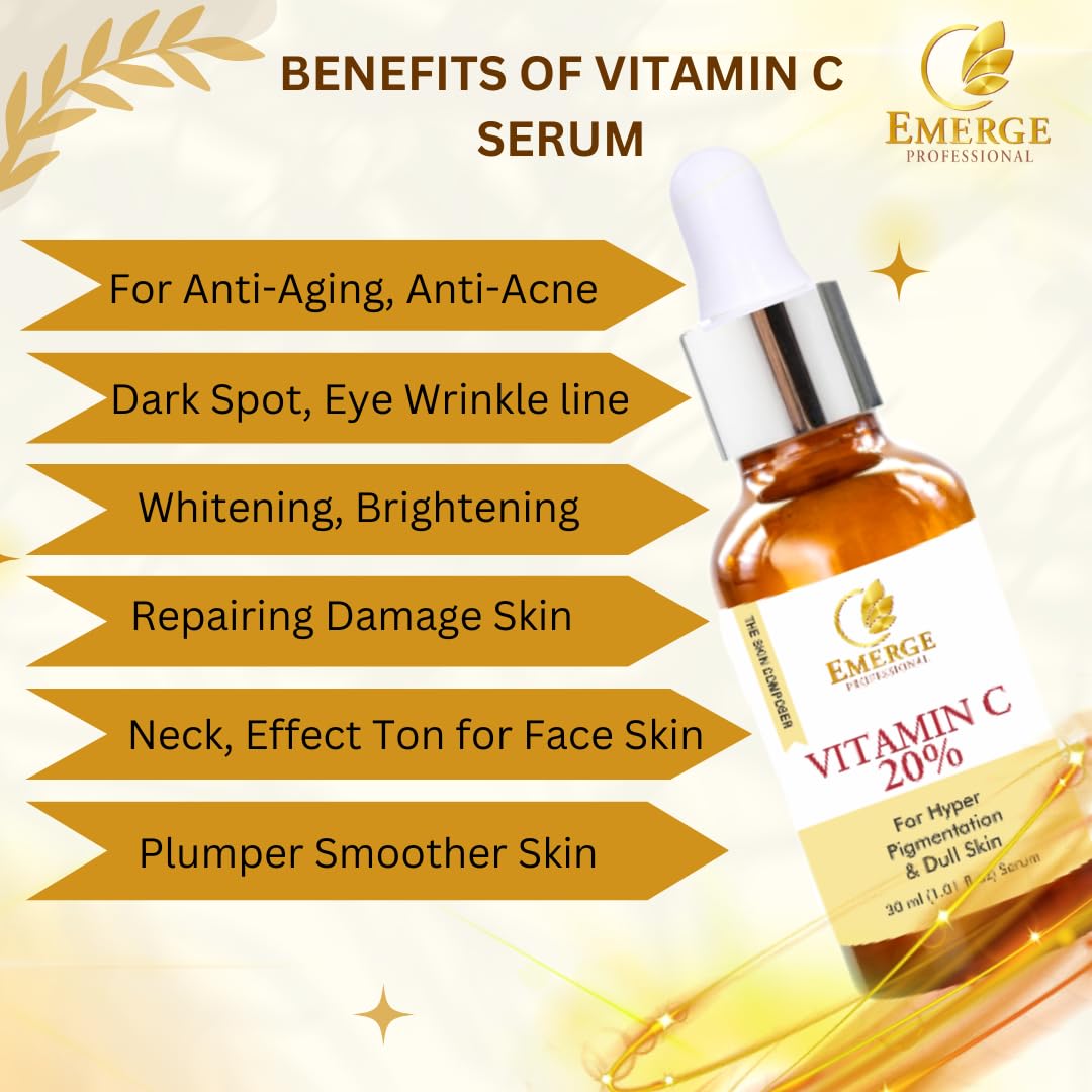 EMERGE Professional 20% Vitamin C Face Serum - Anti-Aging, UV Protection & Skin Repair Concentrated Formula for Youthful Skin | Daily Skincare Routine, Morning & Night Use for Brighter Complexion