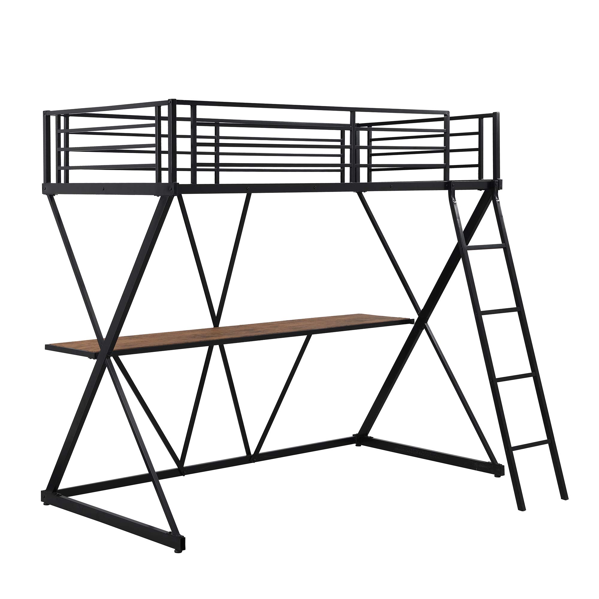 Black Steel & MDF Twin Loft Bed with Built-in Desk, Ladder & Full-Length Guardrails - Sturdy X-Shaped Frame for Kids & Teens - Perfect for Small Bedrooms, Dorm Rooms & Space-Saving Solutions