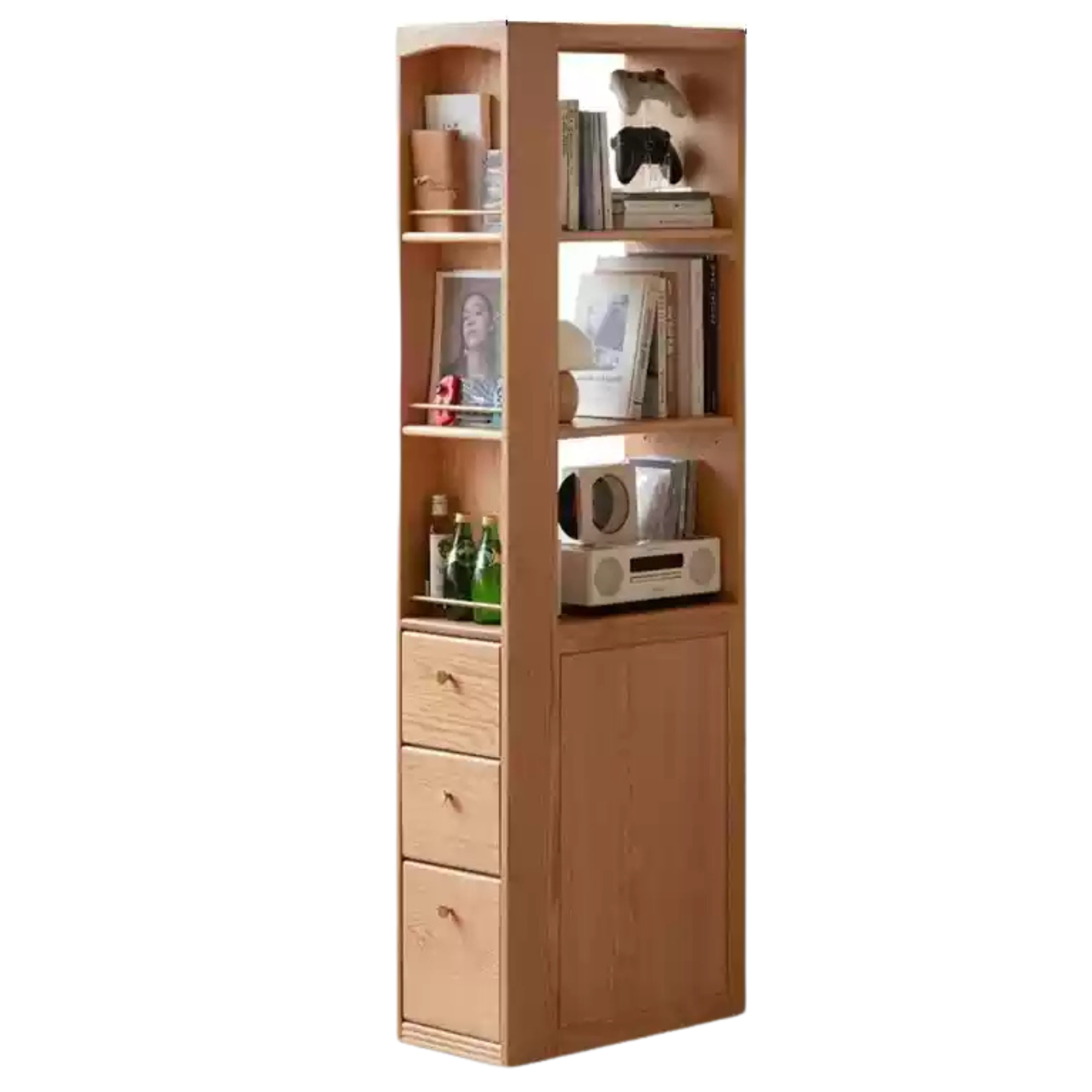 11.8x23.6x70.8 inch / 30x60x180cm / Natural wood color / narrow bookcase