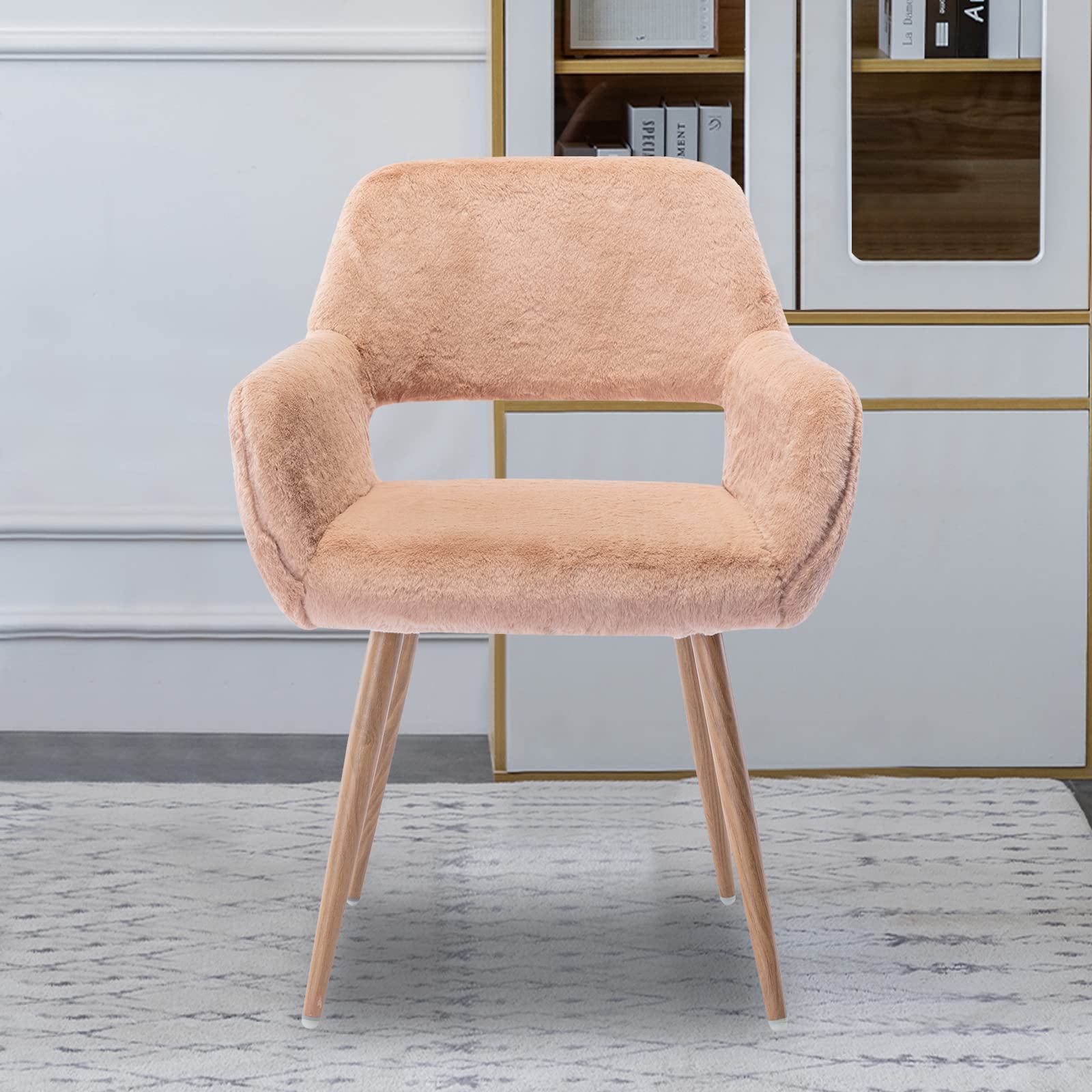 Faux Fur Desk Chair Without Wheels - Fluffy Vanity Chair with Metal Legs, Comfortable Home Office Chair for Women & Girls - Soft Makeup Chair with Hollow Back & Arms for Bedroom, Living Room, Study - Perfect for Home Office, Dressing Table, Reading Nook & Cozy Spaces