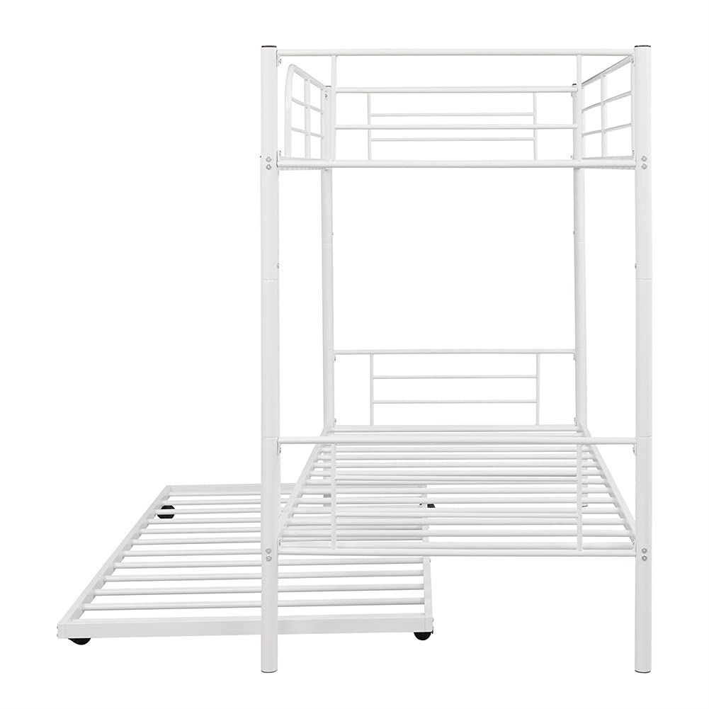 Metal Twin Over Twin Bunk Bed with Trundle - Convertible to 2 Separate Beds, No Box Spring Required - Space Saving Kids Bedroom Furniture for Small Rooms, Dorms & Guest Rooms (White)