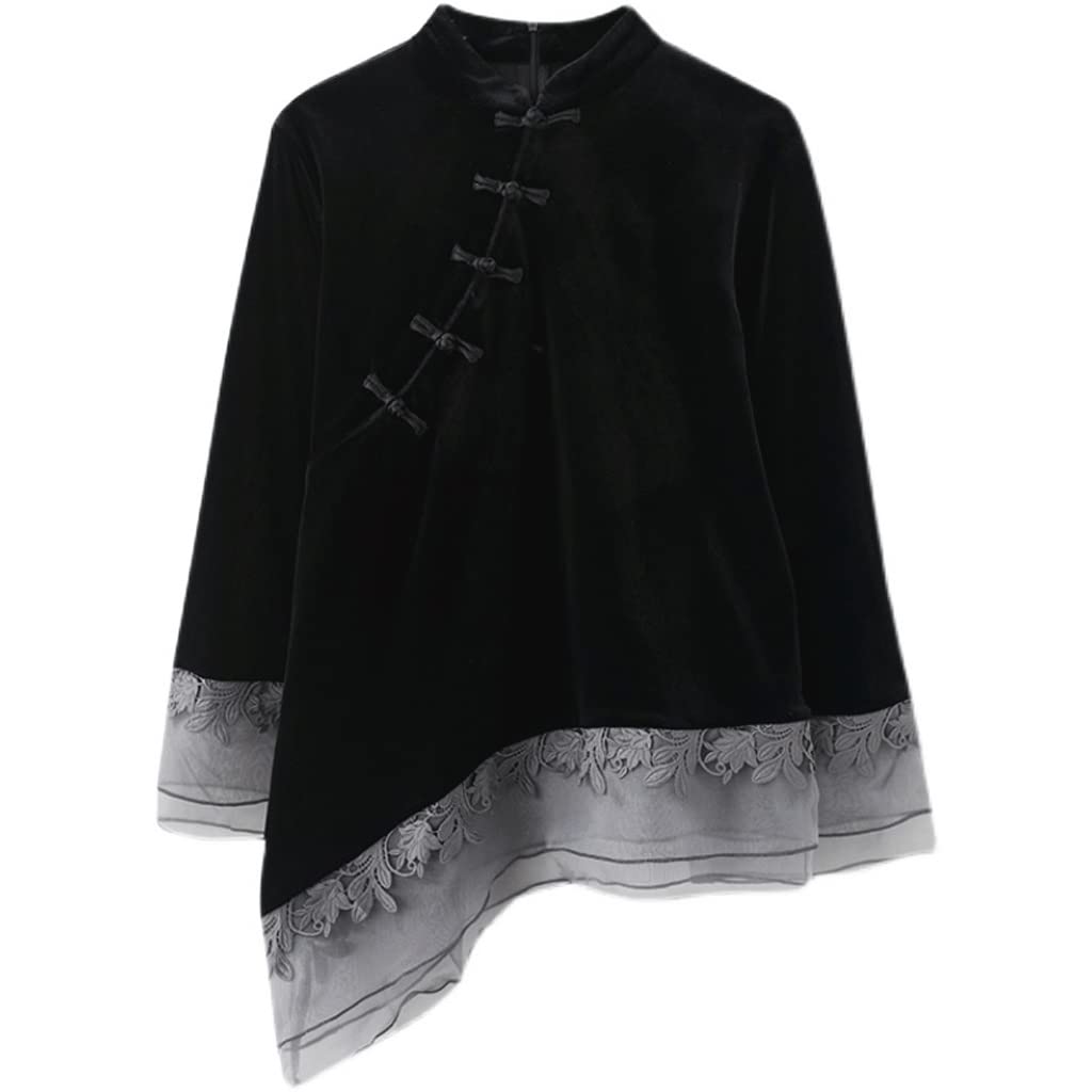 Chinese Style Irregular Qipao Shirts for Women - Mesh Grey Lace Black Gold Velvet Cheongsam Blouse Oriental Clothing (Color: Black, Size: Medium) - Perfect for Parties, Weddings, and Cultural Events