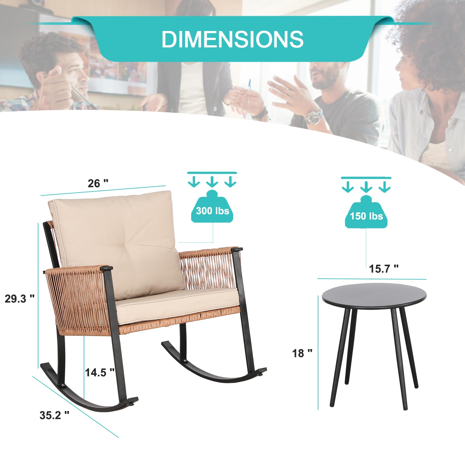 3-Piece Rocking Bistro Set - Oversized Rattan Patio Furniture with Thick Cushions & Coffee Table - Outdoor Conversation Set for Garden, Balcony, Backyard (Tan-Beige) - Perfect for Relaxing, Entertaining & Enjoying Morning Coffee in Your Outdoor Space