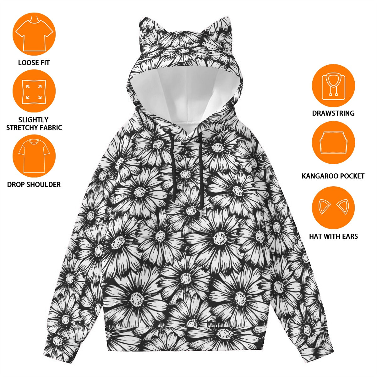 Black Sunflowers Hoodie with Cat Ears - Cute Kawaii Pullover for Women & Girls - Perfect for Cosplay, Anime Conventions & Casual Streetwear