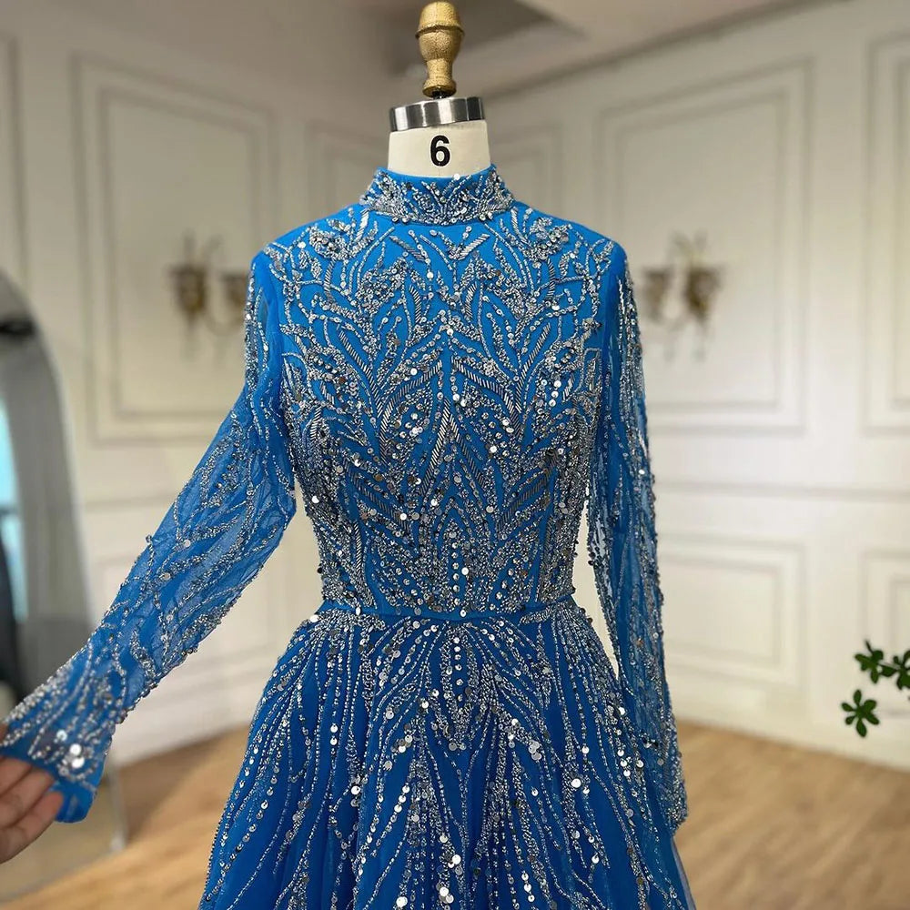 Elegant Blue Beaded A-Line Muslim Evening Dress for Women - Luxury Dubai Abaya Gown for Wedding, Party & Special Occasions | Serene Hill Collection 2025 LA72302A | Perfect for Formal Events, Evening Galas & Bridal Showers