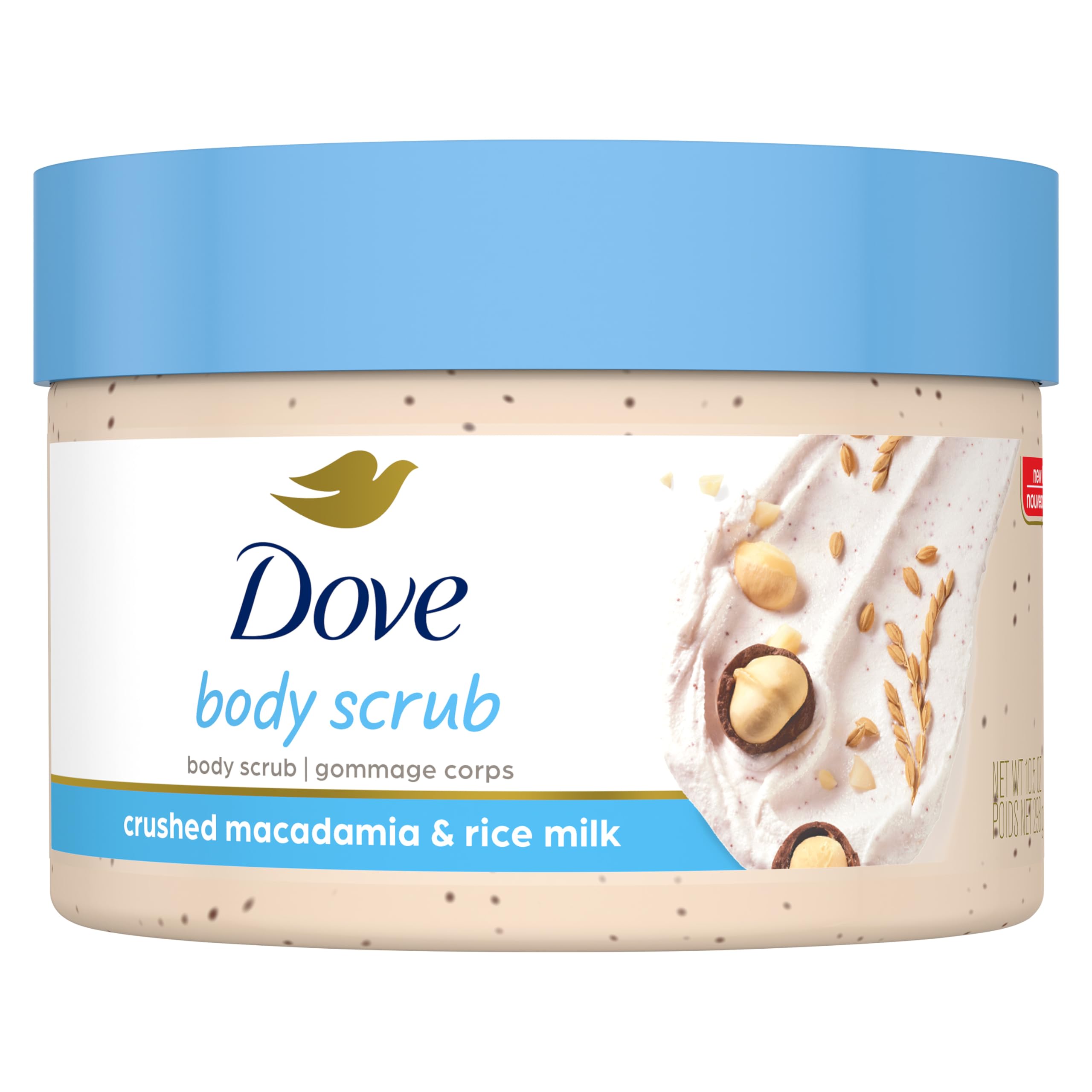 Dove Macadamia & Rice Milk Body Scrub 10.5 oz - Exfoliating & Nourishing for Visibly Smoother Skin - Perfect for Dry Skin Care & Spa Day at Home