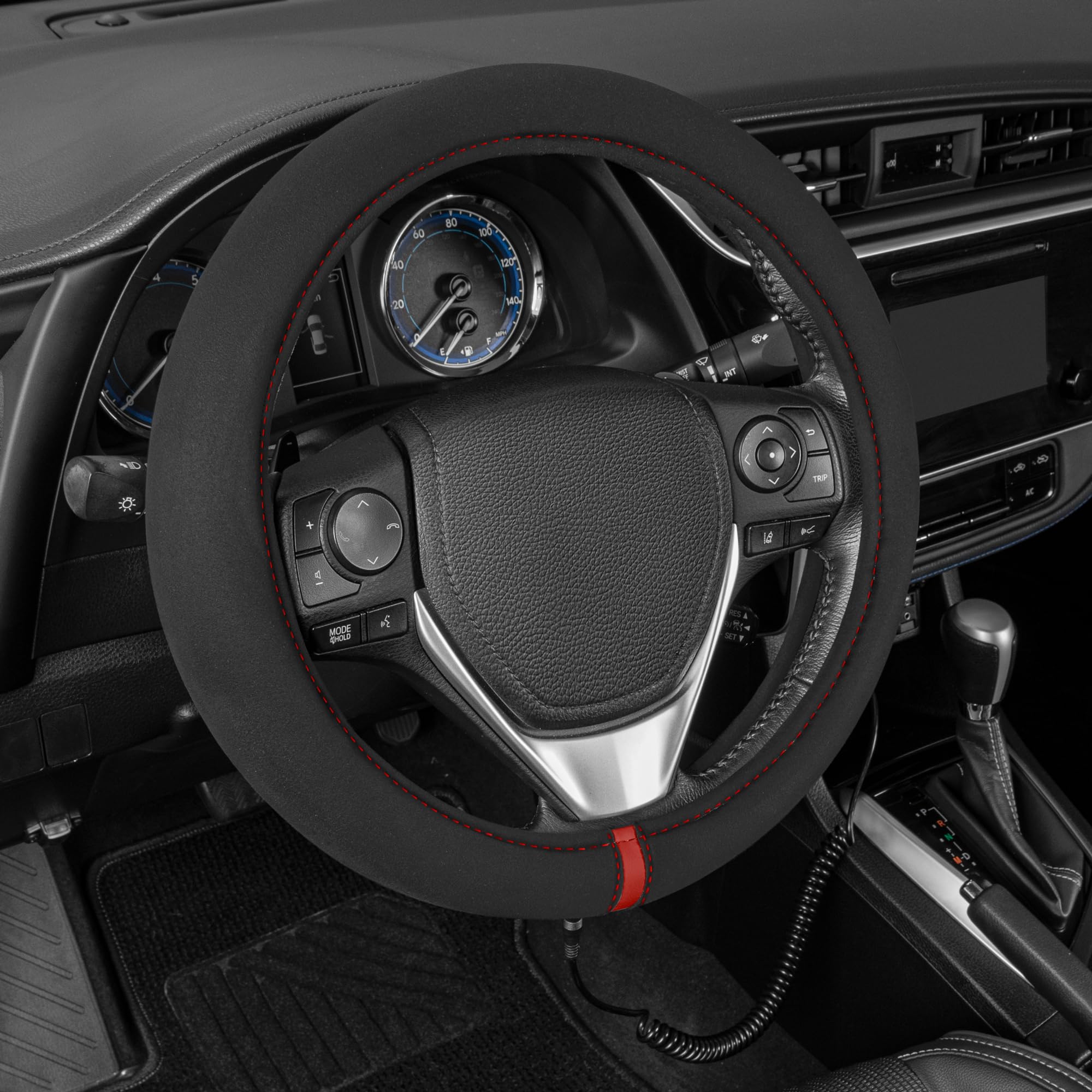 Motor Trend WarmGrip Heated Steering Wheel Cover - Fast Heating Hand Warmer for Cars, Trucks, Vans & SUVs (14.5-15.5 Inch, Black/Gray) - Perfect for Cold Winter Mornings & Long Road Trips
