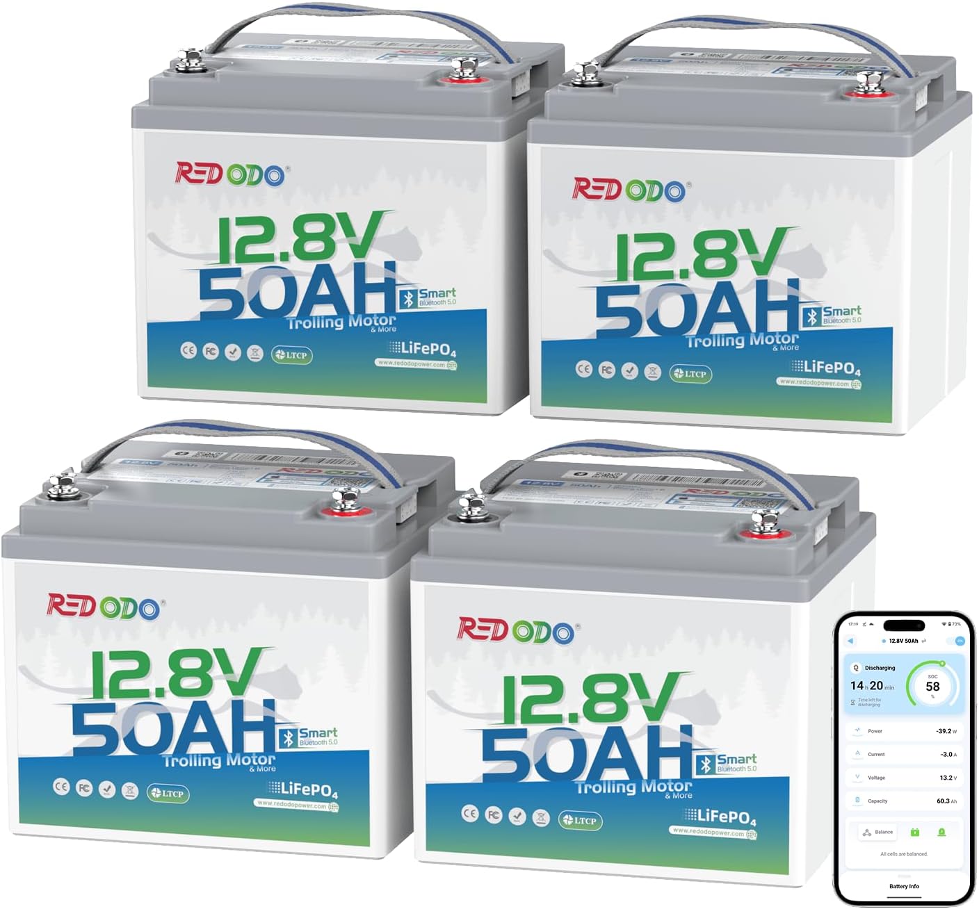 Redodo 12V 50Ah Deep Cycle Lithium Battery with Bluetooth for Trolling Motors (Up to 70lb Thrust) - Perfect for Kayak Fishing, Boat Trolling, and Marine Applications
