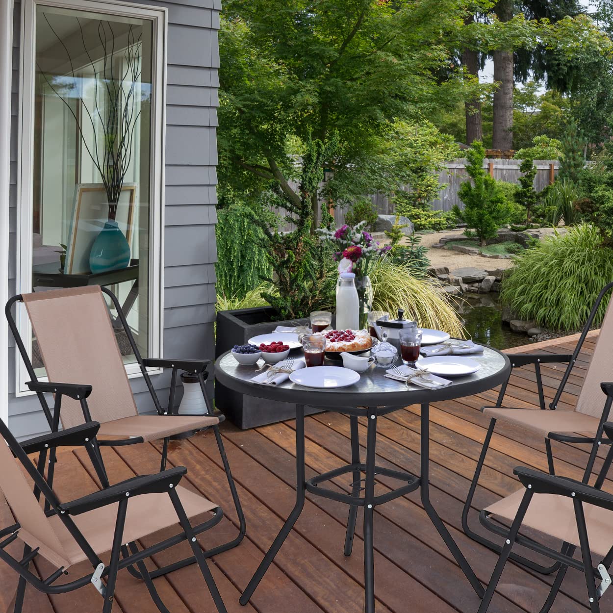 **Premium 6-Piece Outdoor Dining Set - Beige Patio Furniture with Tilted Removable Umbrella, Tempered Glass Table & 4 Foldable Chairs - Perfect for Backyard BBQs, Poolside Gatherings & Garden Parties**