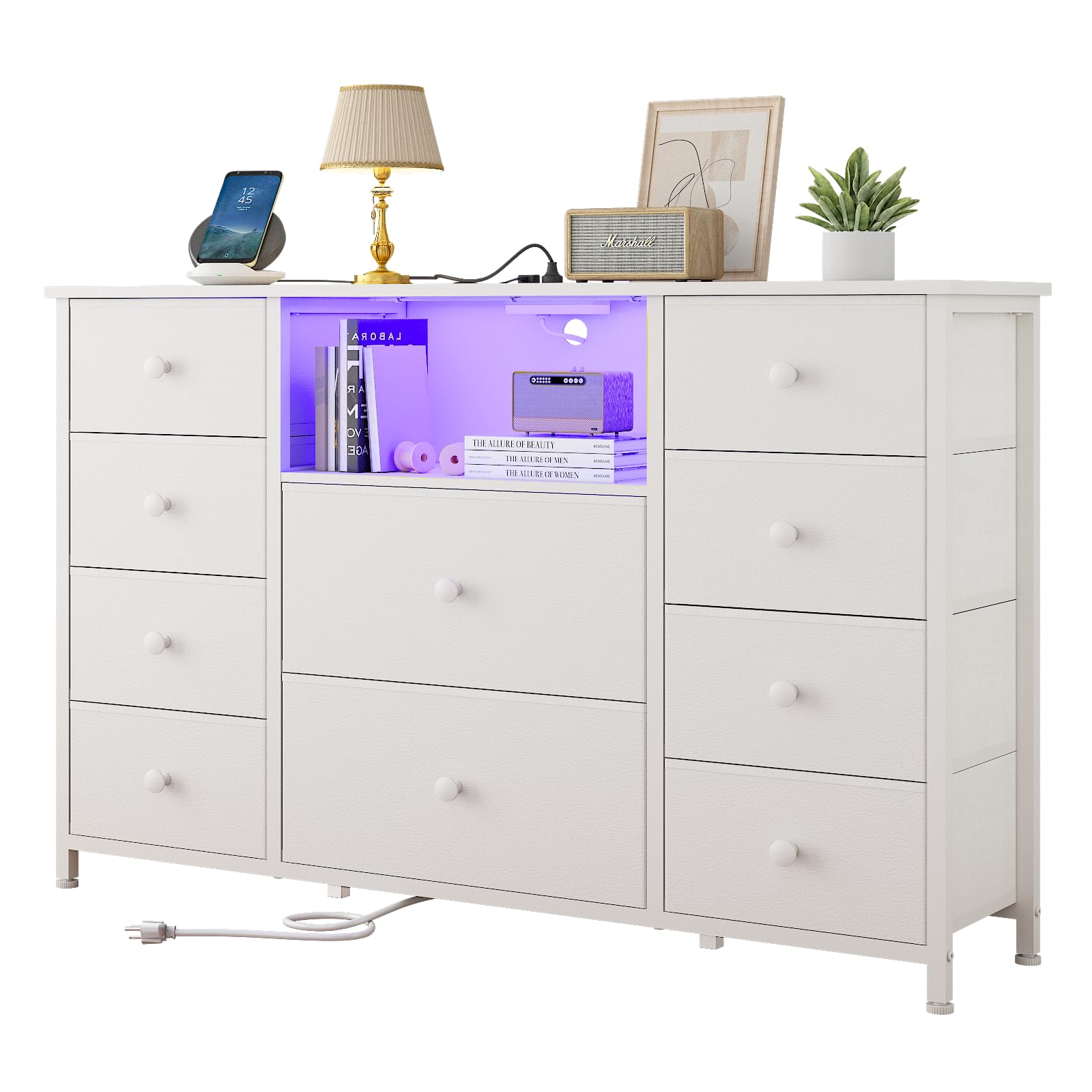 Modern White 10-Drawer Dresser with USB Charging Station & LED Lights - Fabric Storage Organizer with PU Finish for Bedroom, Living Room, or TV Stand - Perfect for Home Organization and Stylish Storage Solutions