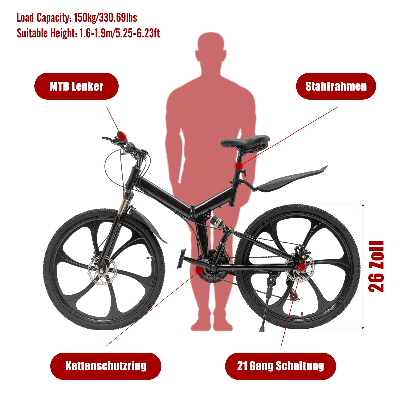 26In Folding Mountain Bike - 21 Speed Upgraded Foldable Bicycle with 6 Blade Flywheel, Carbon Steel Frame for Men & Women (Black) | Perfect for Commuting, Travel & Outdoor Adventures | US Stock