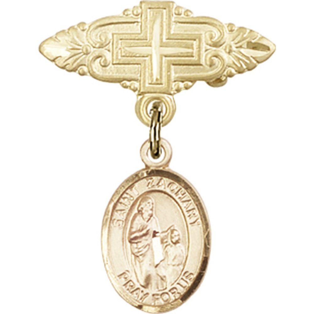 Gold Filled Baby Badge with St. Zachary Charm & Cross Pin - 1 X 3/4 Inch Religious Jewelry for Baptism, Christening & First Communion Gifts