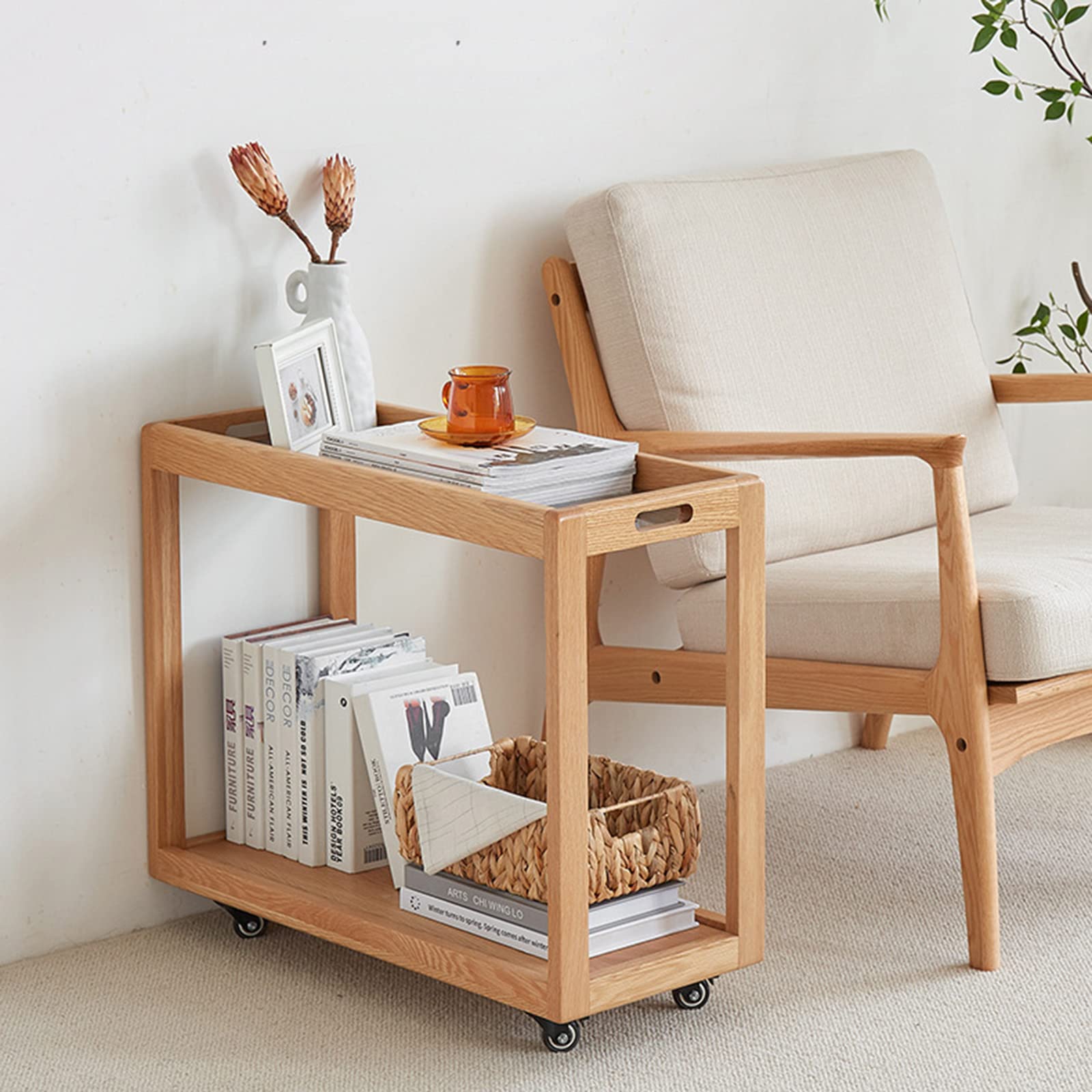2-Tier Rolling Side Table with Glass Tray - Modern Oak Wood Coffee Table with Wheels, Mobile Snack Tray & Storage Shelf (22.1