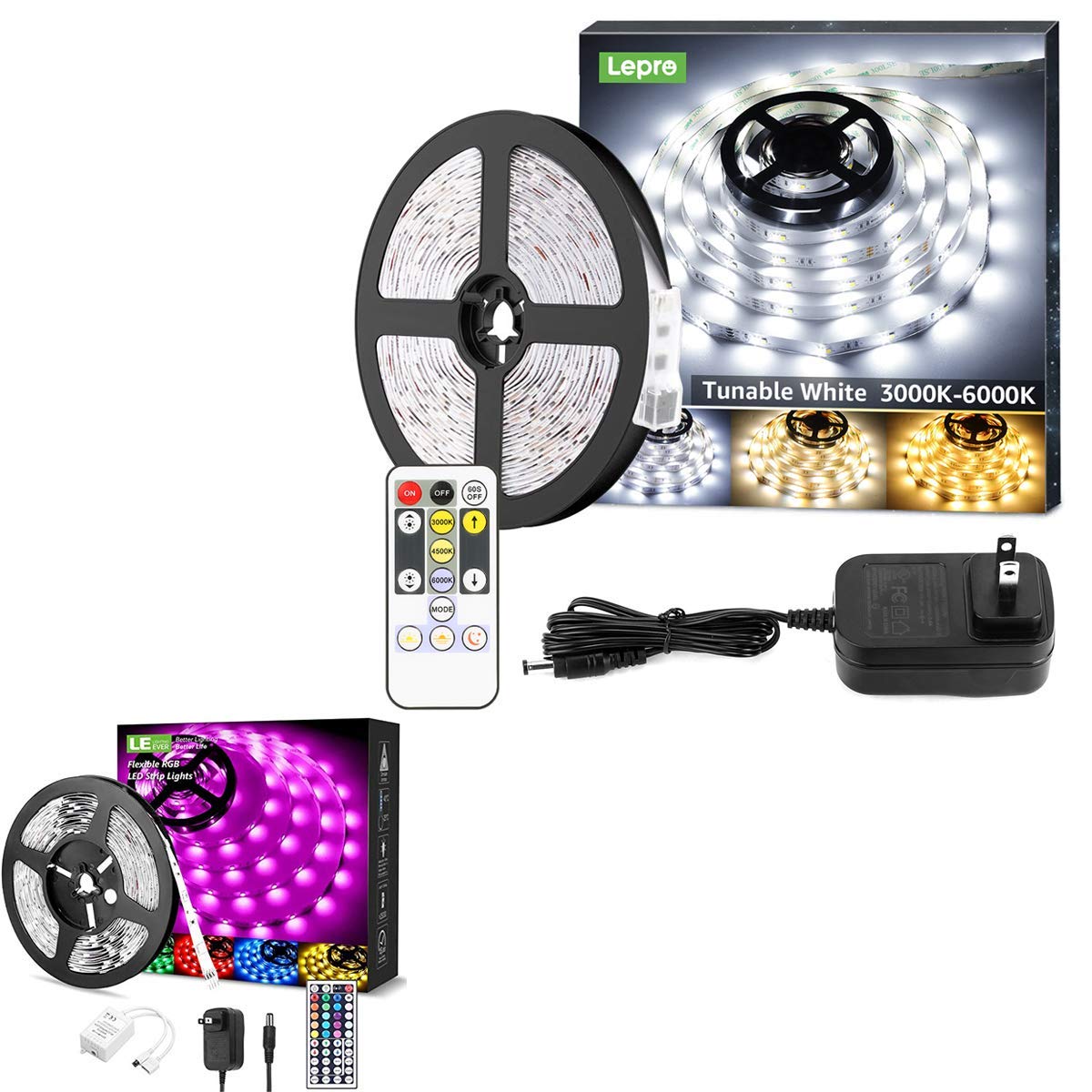 16.4ft RGB LED Strip Lights & Tunable White LED Strip (3000K-6000K) - Flexible LED Light Strips for Bedroom, Kitchen, TV Backlight, Home Decor & Party Lighting - Perfect for DIY Projects, Accent Lighting & Mood Setting