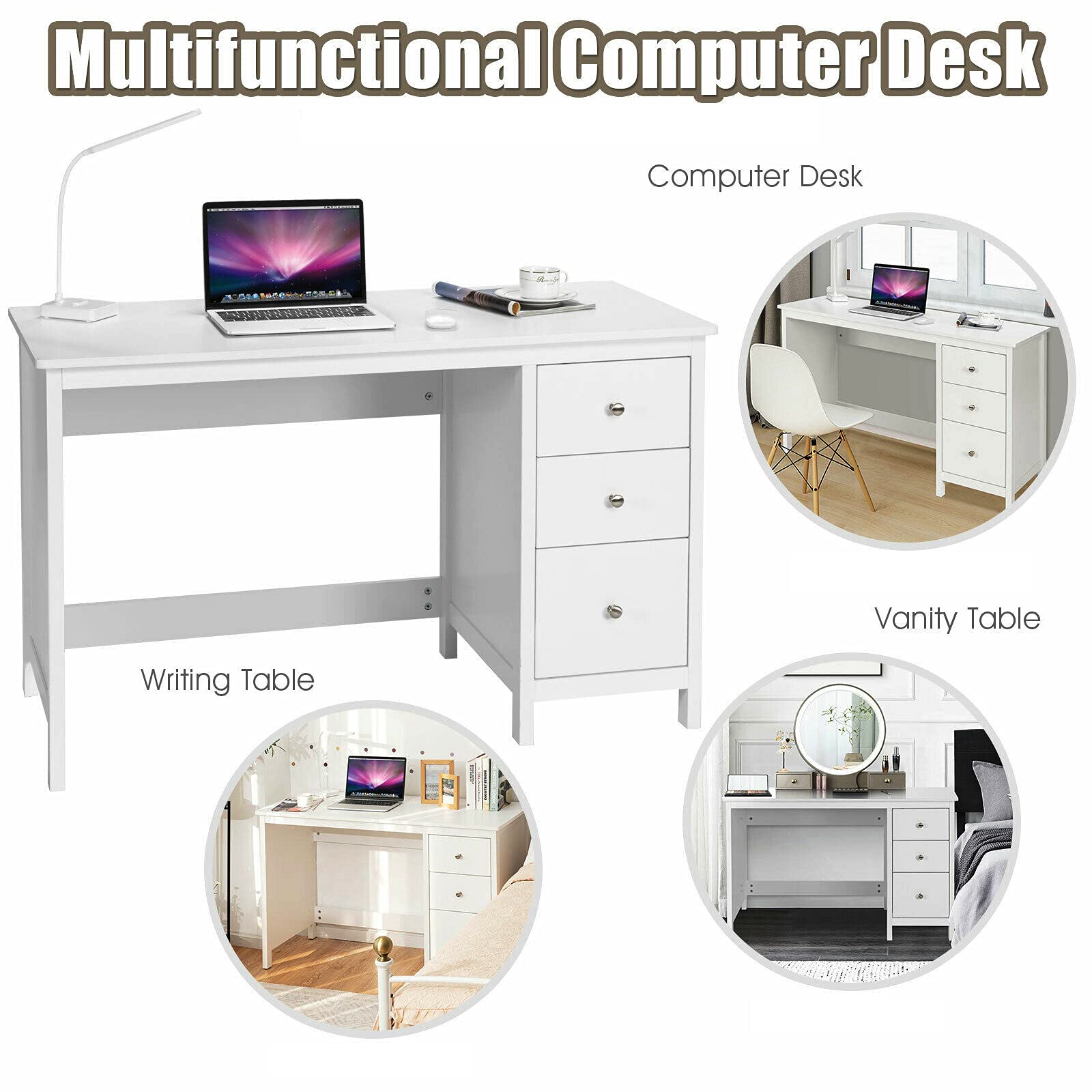 White Computer Desk with 3 Drawers - 47