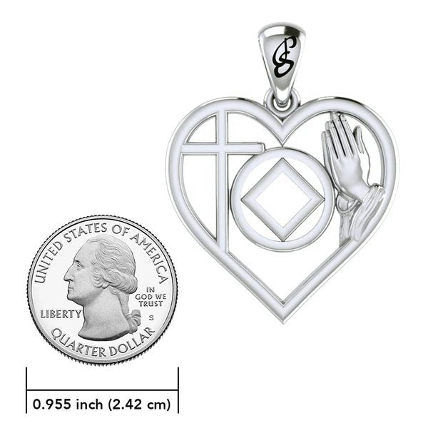 Faith & Christogram Heart Sterling Silver Recovery Pendant with AA/NA Symbol - Adjustable 18