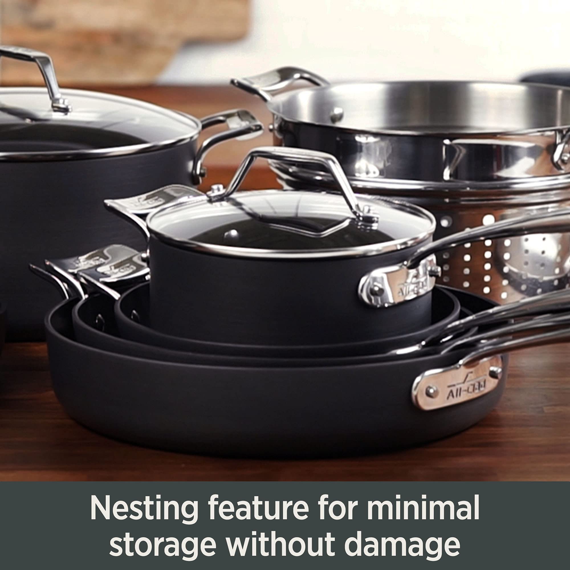 All-Clad Essentials 7 Quart Hard Anodized Nonstick Multi-Pot - Oven & Broiler Safe Up to 500°F with Strainer Lid - Pasta Pot with Handle - Perfect for Cooking, Boiling & Straining Pasta, Soups & Stews - Black Cookware Set