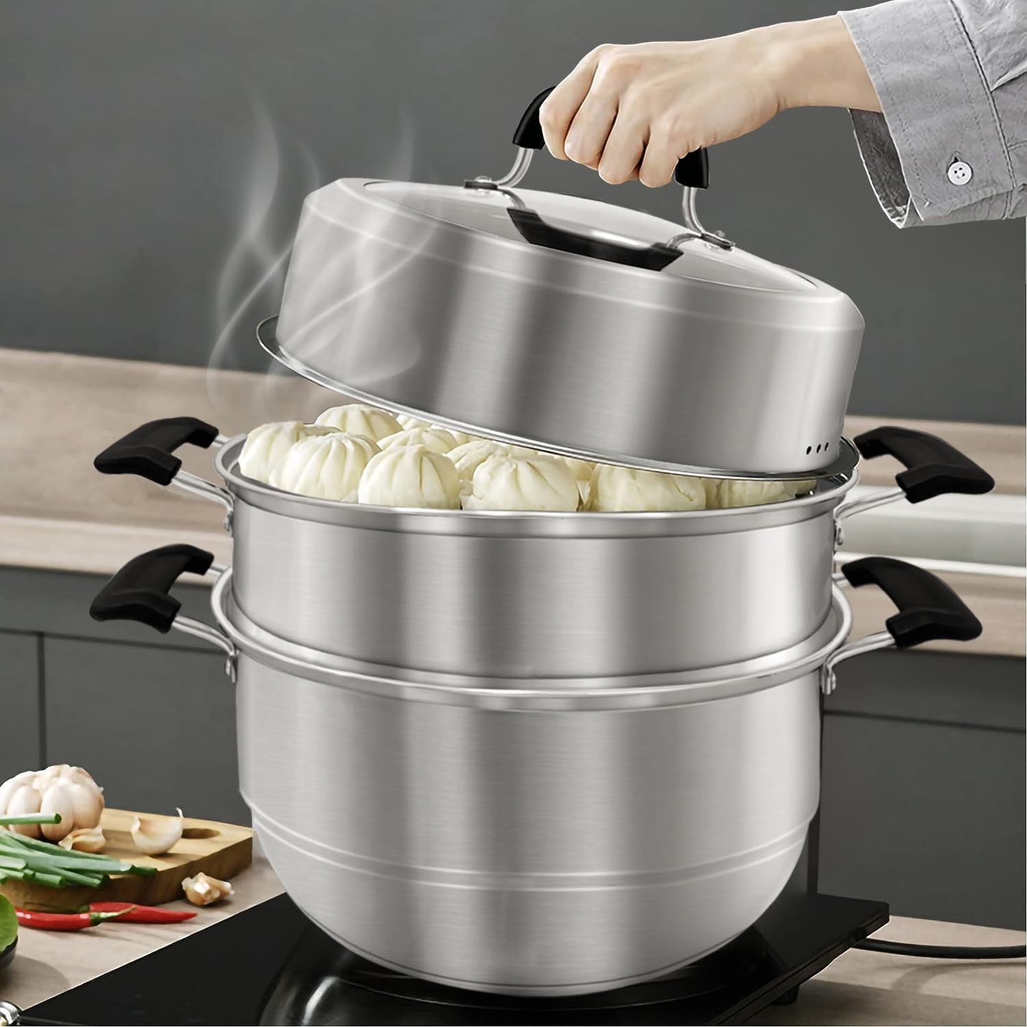 11.8 Inch MANO Stainless Steel Steamer Pot with Lid - 2-Tier Multipurpose Cookware for Vegetables, Dumplings, Stocks & Sauces | Perfect for Home Cooking, Meal Prep & Healthy Eating