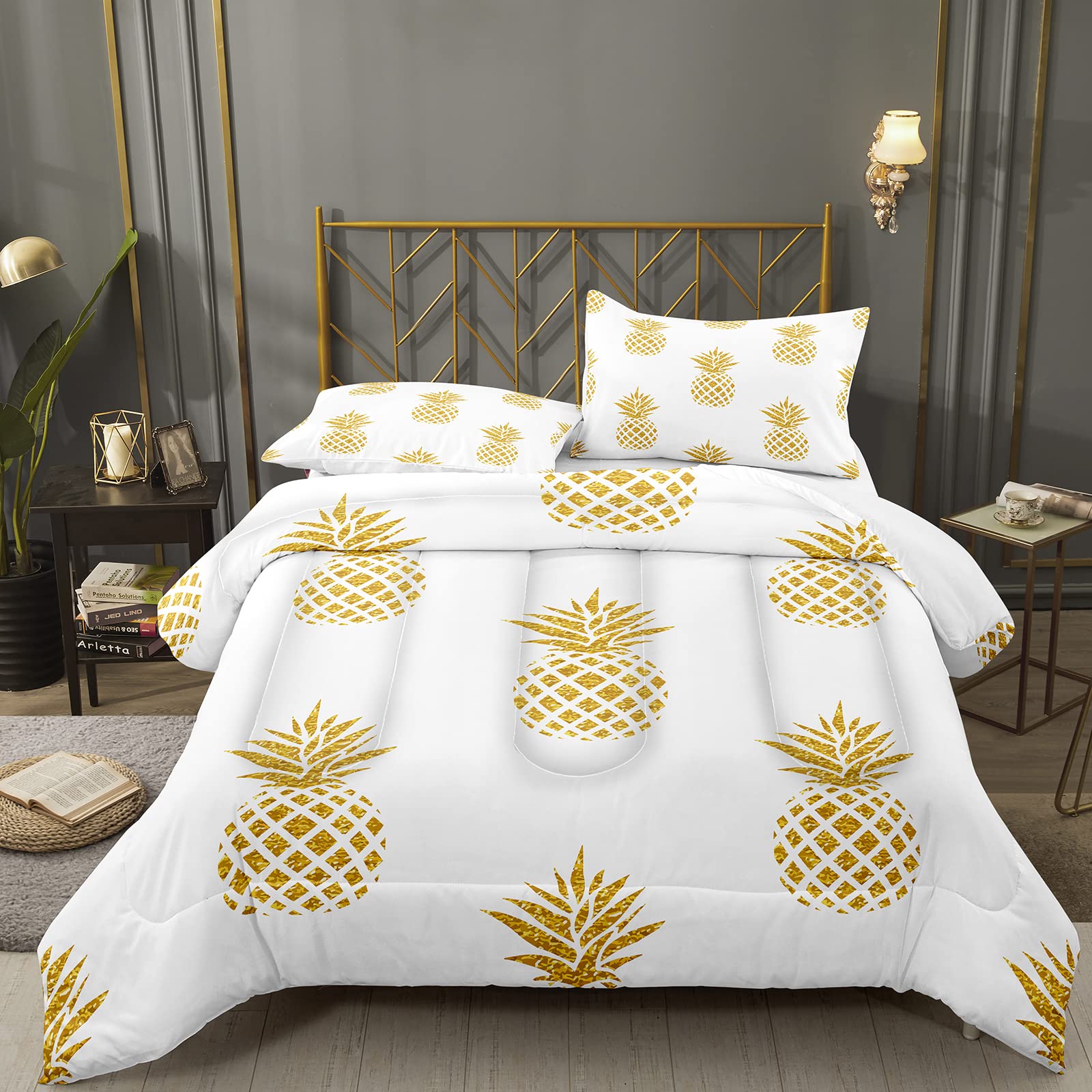 Bodhi Yellow Pineapple Comforter Set Queen Size - Soft Microfiber Fruit Design Bedding with 1 Comforter & 2 Pillow Shams (#4001) | Tropical Bedroom Decor, Summer Themed Bedroom, Gift for Pineapple Lovers