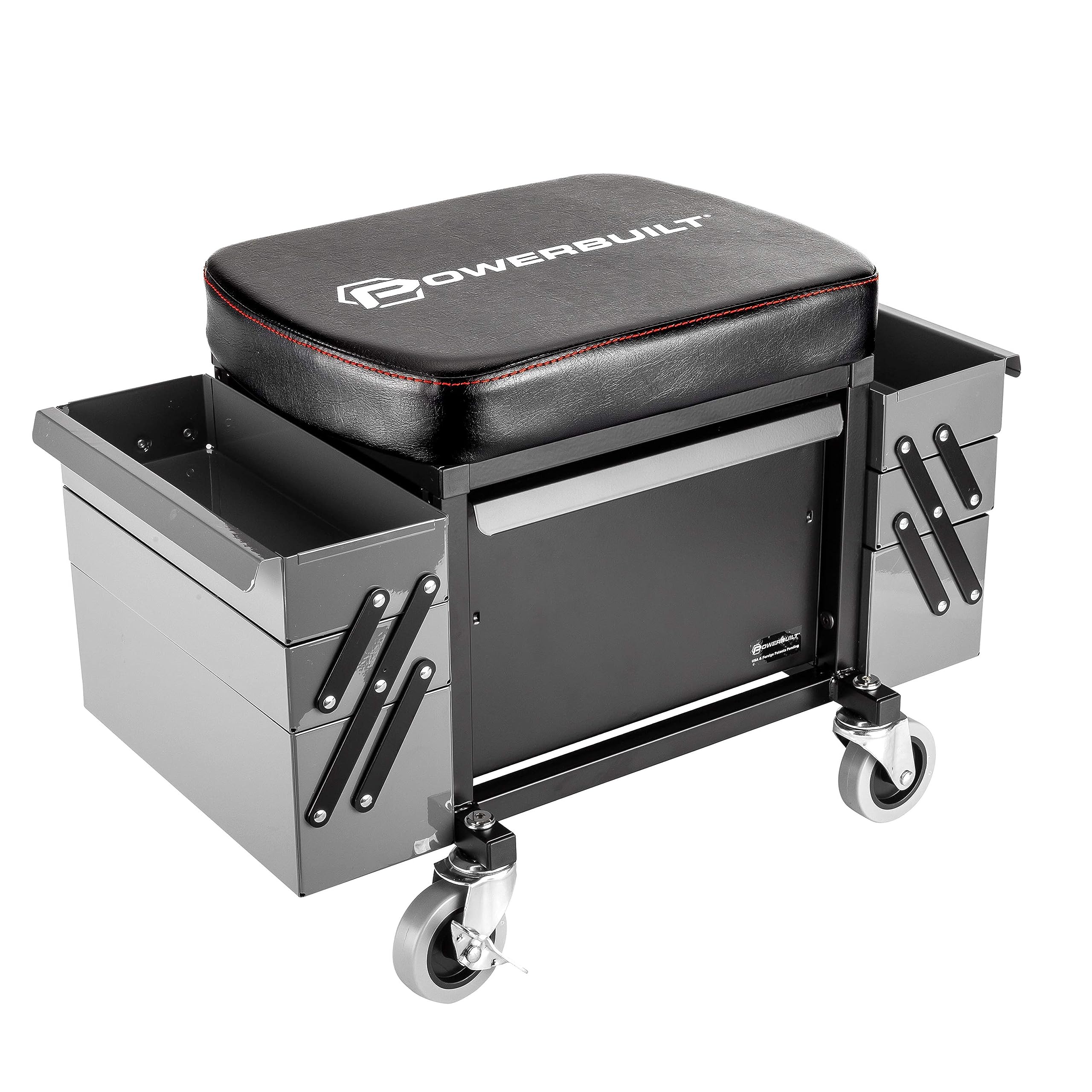 Powerbuilt Rolling Seat with Expandable Tool Trays - Heavy Duty Garage Stool with Tool Storage, Grey (941918ECE) - Perfect for Mechanics, DIY Enthusiasts & Workshop Use