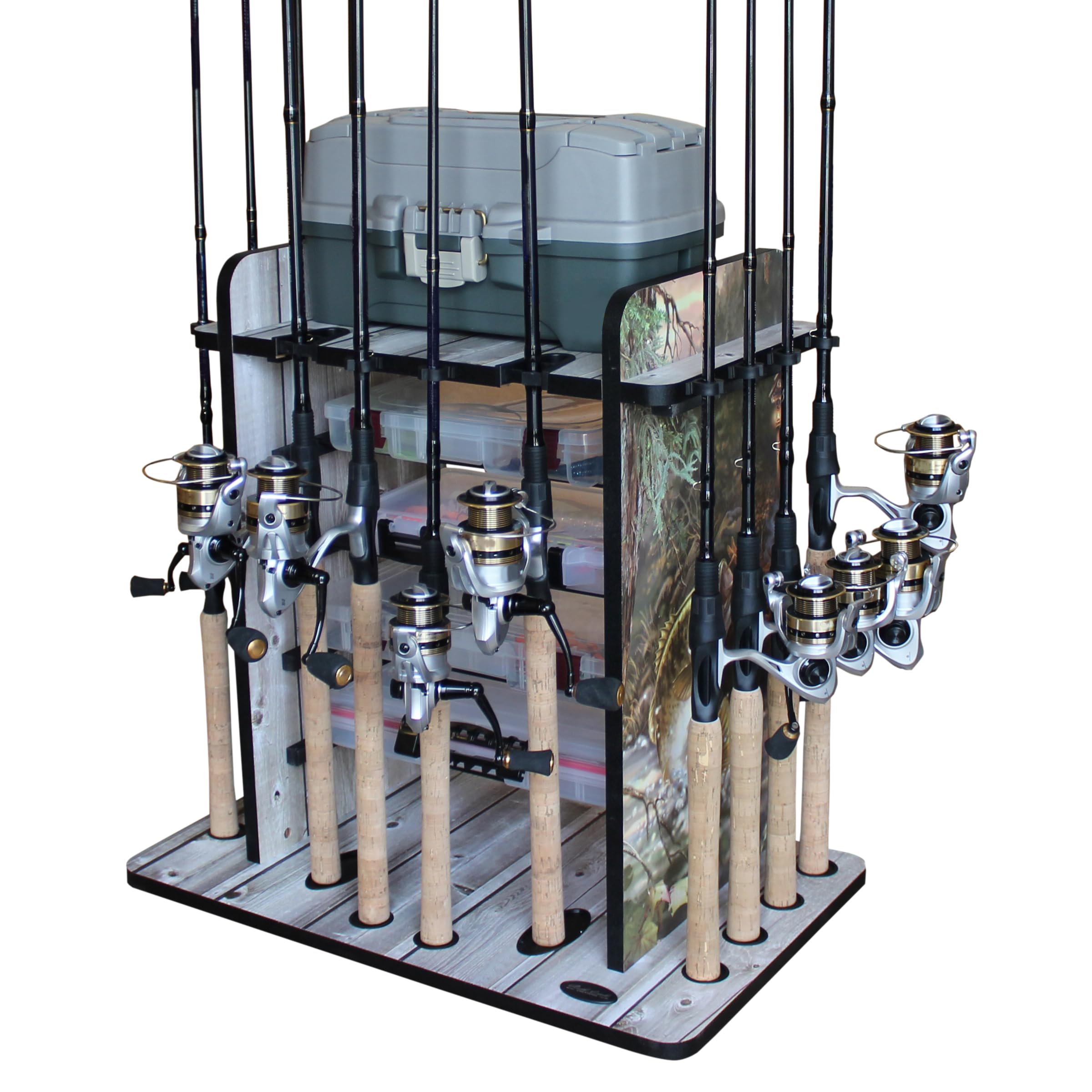 **Rush Creek Creations 14-Slot Fishing Rod Holder – Saltwater & Freshwater Pole Organizer with 4 Tackle Box Storage – Perfect for Garage, Boat & Fishing Accessories Storage**    *(Use Case: Ideal for anglers to store and organize fishing rods, tackle boxes, and gear in garages, boats, or fishing cabins.)*