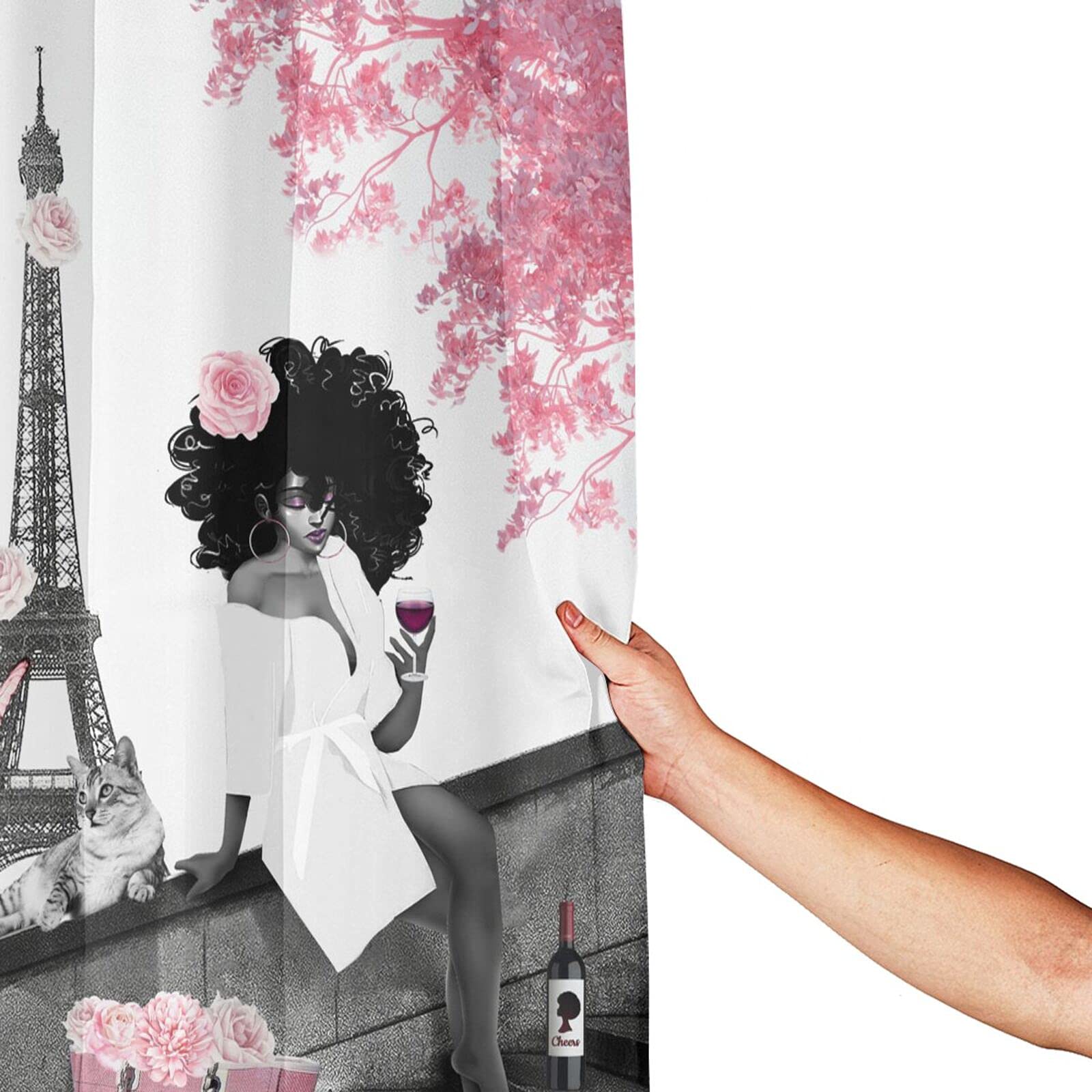 African American Shower Curtain - Stylish Black Woman & Eiffel Tower Design, Grey & Pink Waterproof Polyester Fabric Bath Curtain with Hooks, 66x72 Inches - Perfect for Modern Bathroom Decor & African American Home Aesthetics
