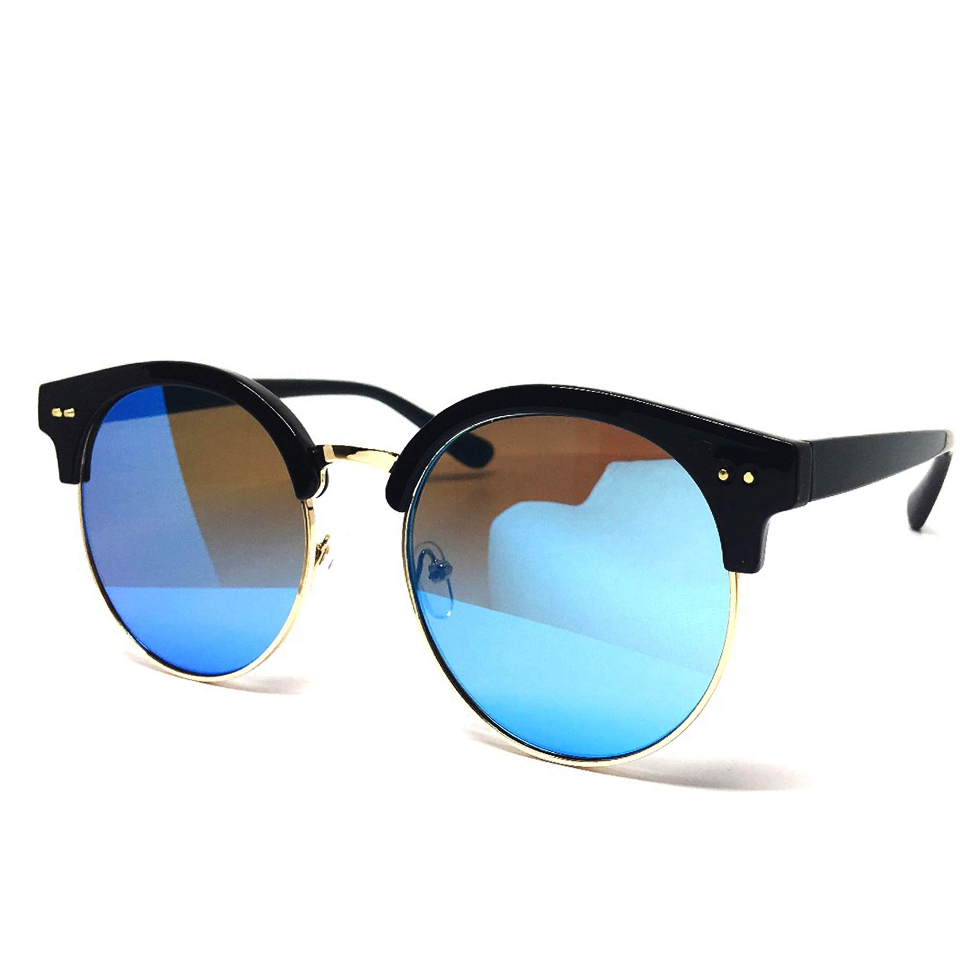 Premium Oversized Cat Eye Mirrored Flat Sunglasses - Black/Blue, 52mm - Fashionable UV Protection for Women, Beach, Driving & Outdoor Activities